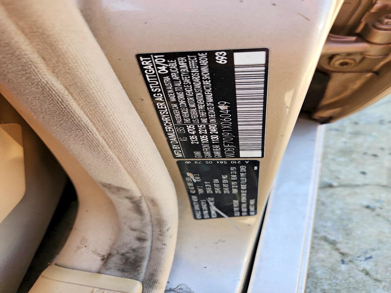 2001 Mercedes-benz E 430 Бежевый vin: WDBJF70J91X060449