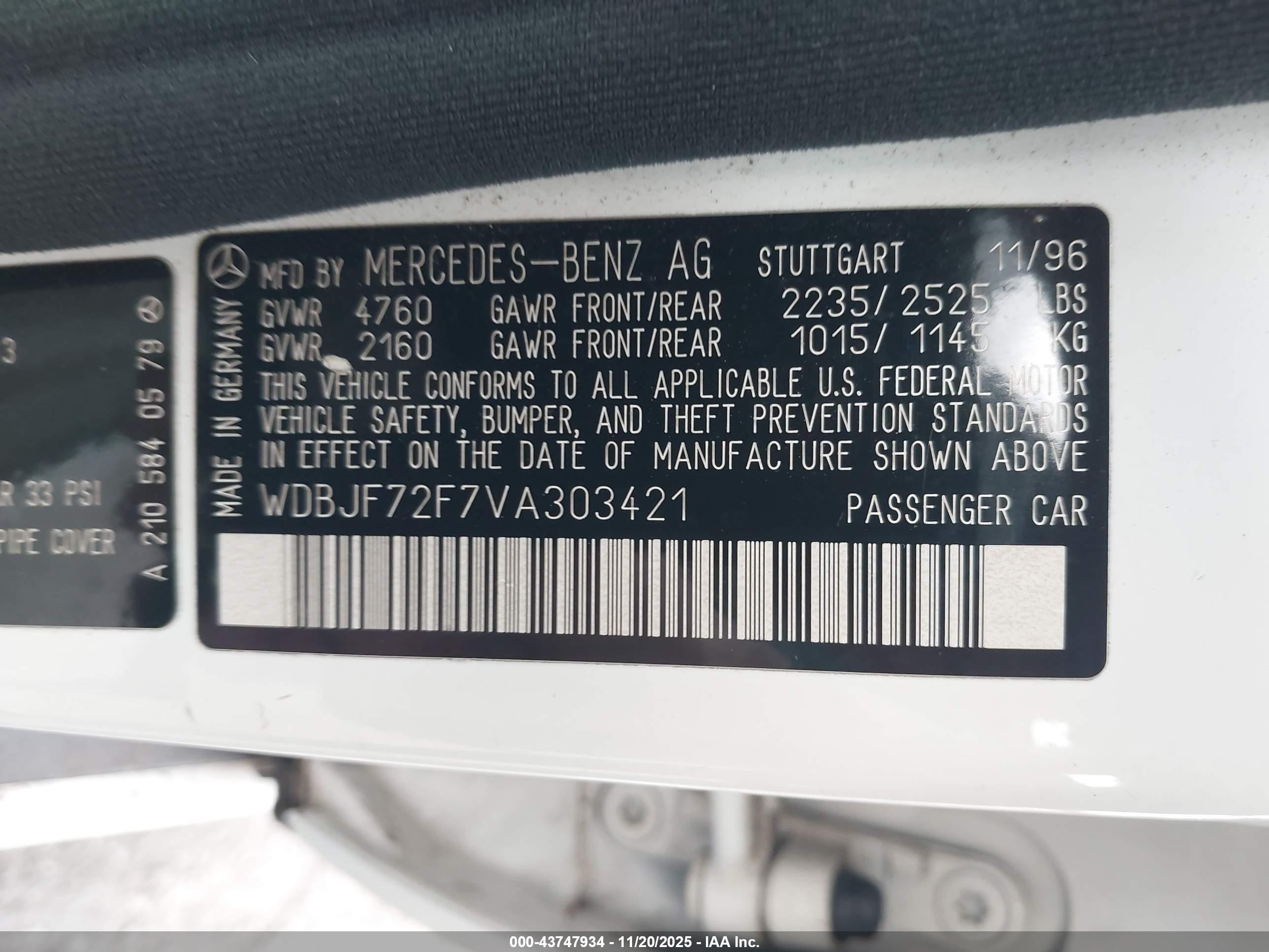 1997 Mercedes-benz E 420   Белый vin: WDBJF72F7VA303421