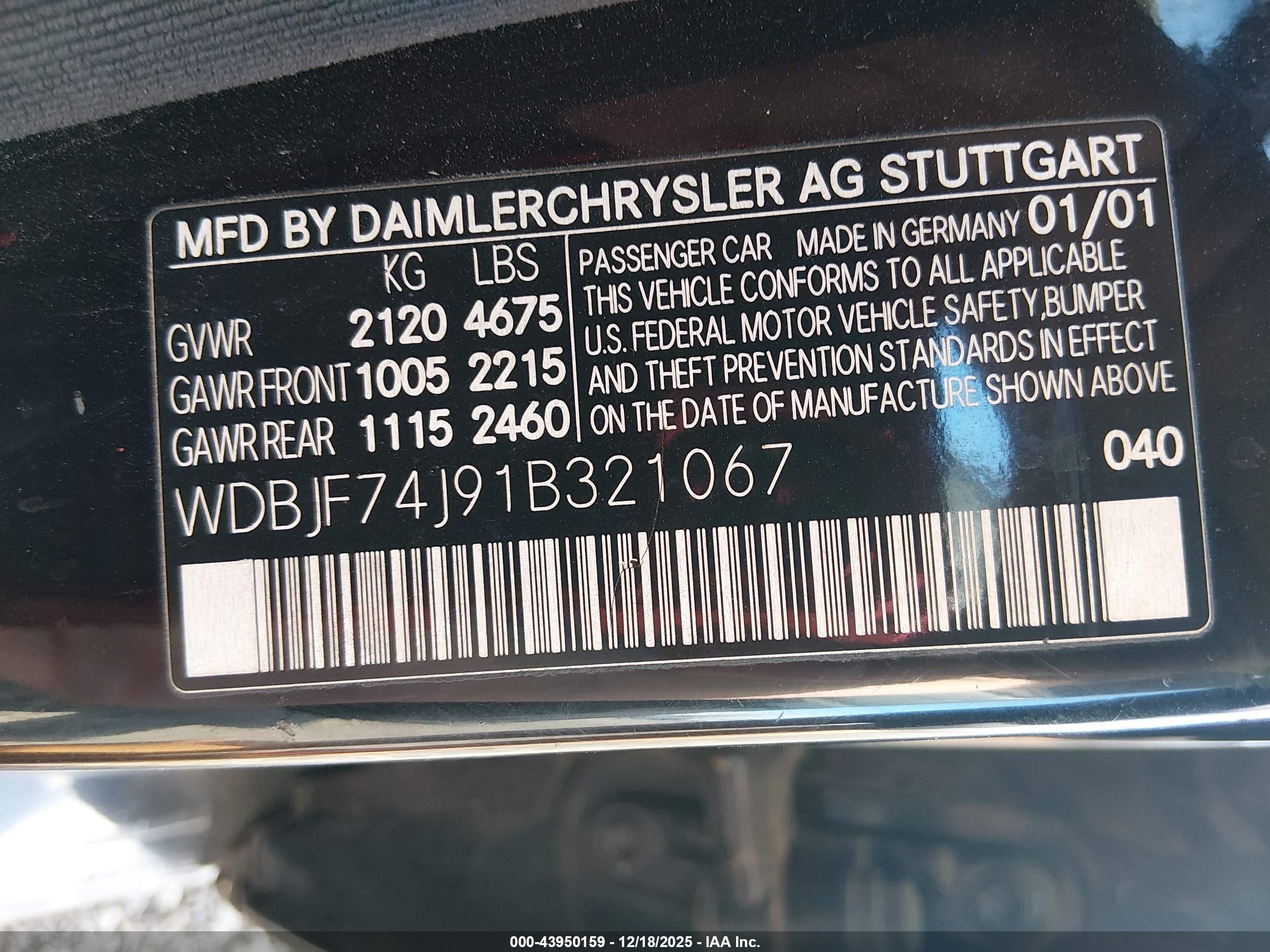 2001 Mercedes-benz E 55 Amg   Black vin: WDBJF74J91B321067