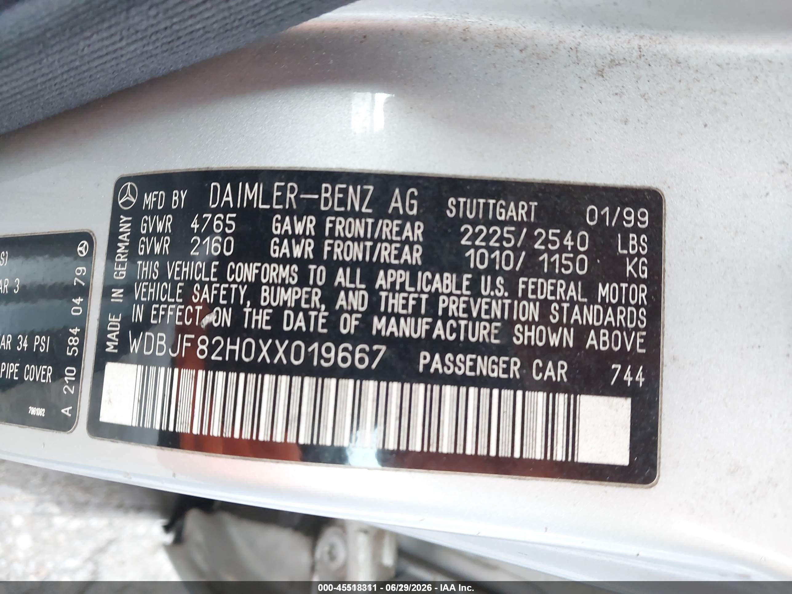 1999 Mercedes-benz E 320 Awd Серебряный vin: WDBJF82H0XX019667