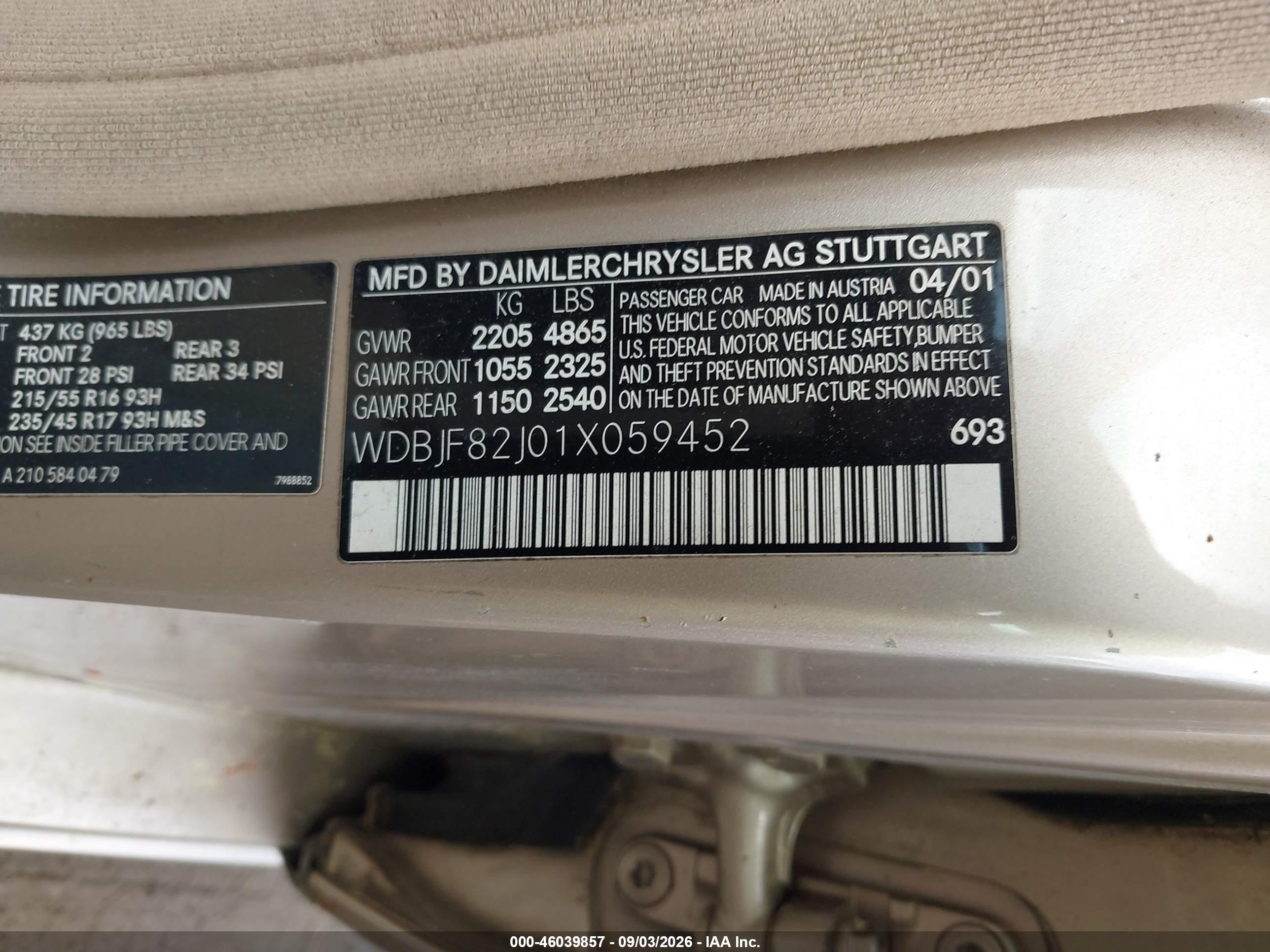 2001 Mercedes-benz E 320 4m Gold vin: WDBJF82J01X059452