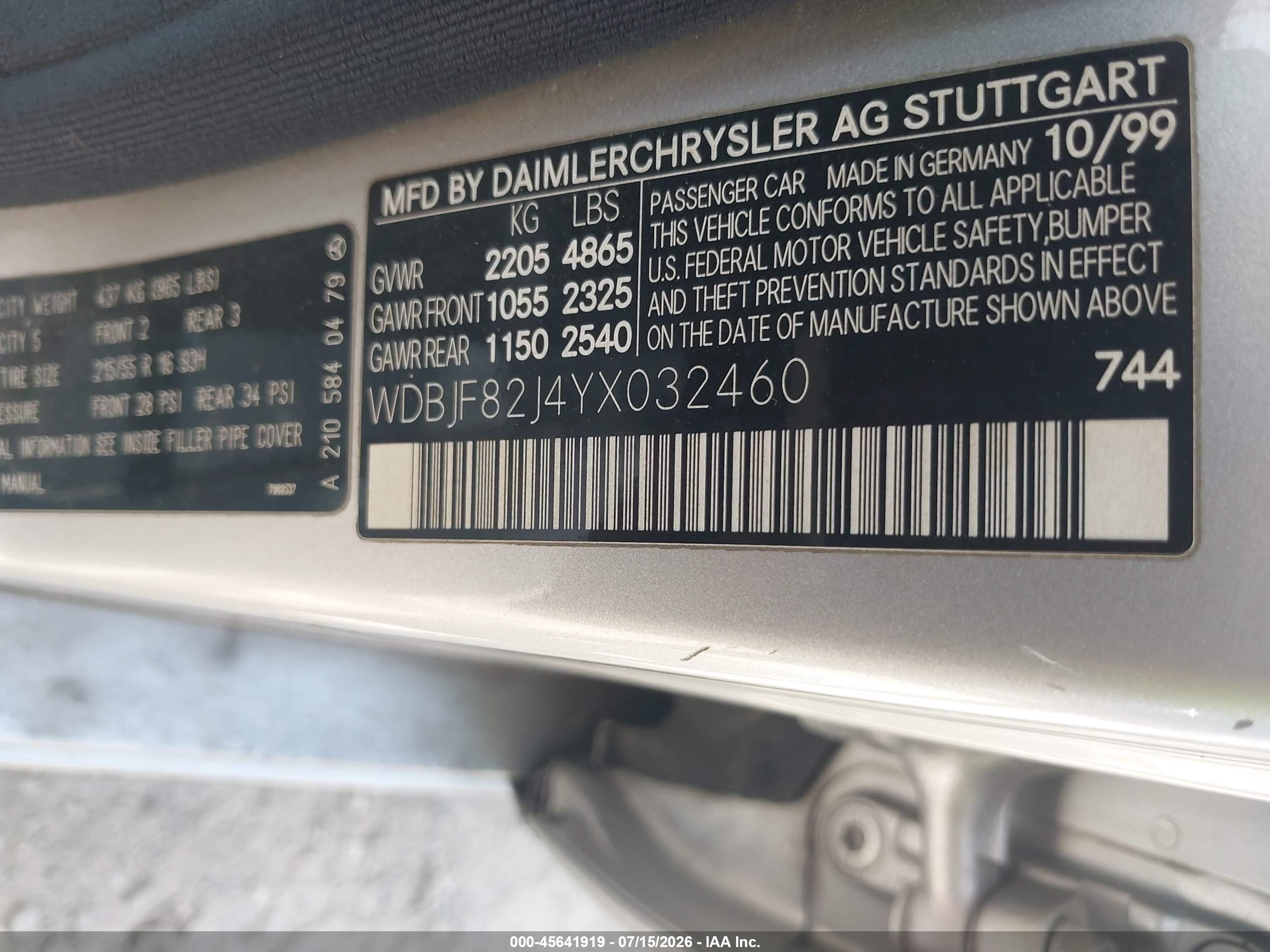2000 Mercedes-benz E 320 4m Silver vin: WDBJF82J4YX032460