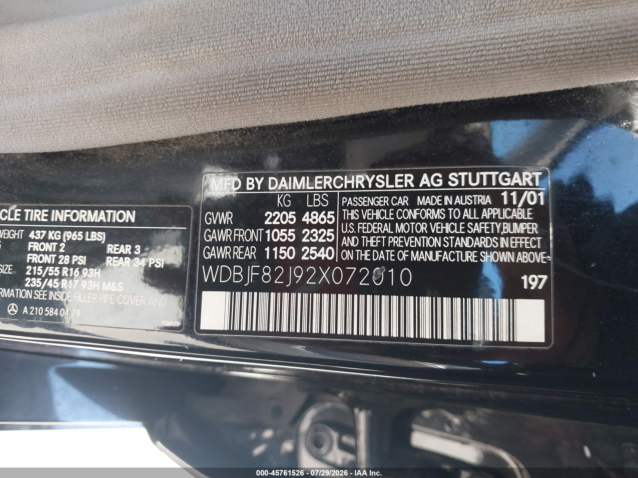 2002 Mercedes-benz E 320 4m/4m Special Edition Black vin: WDBJF82J92X072010