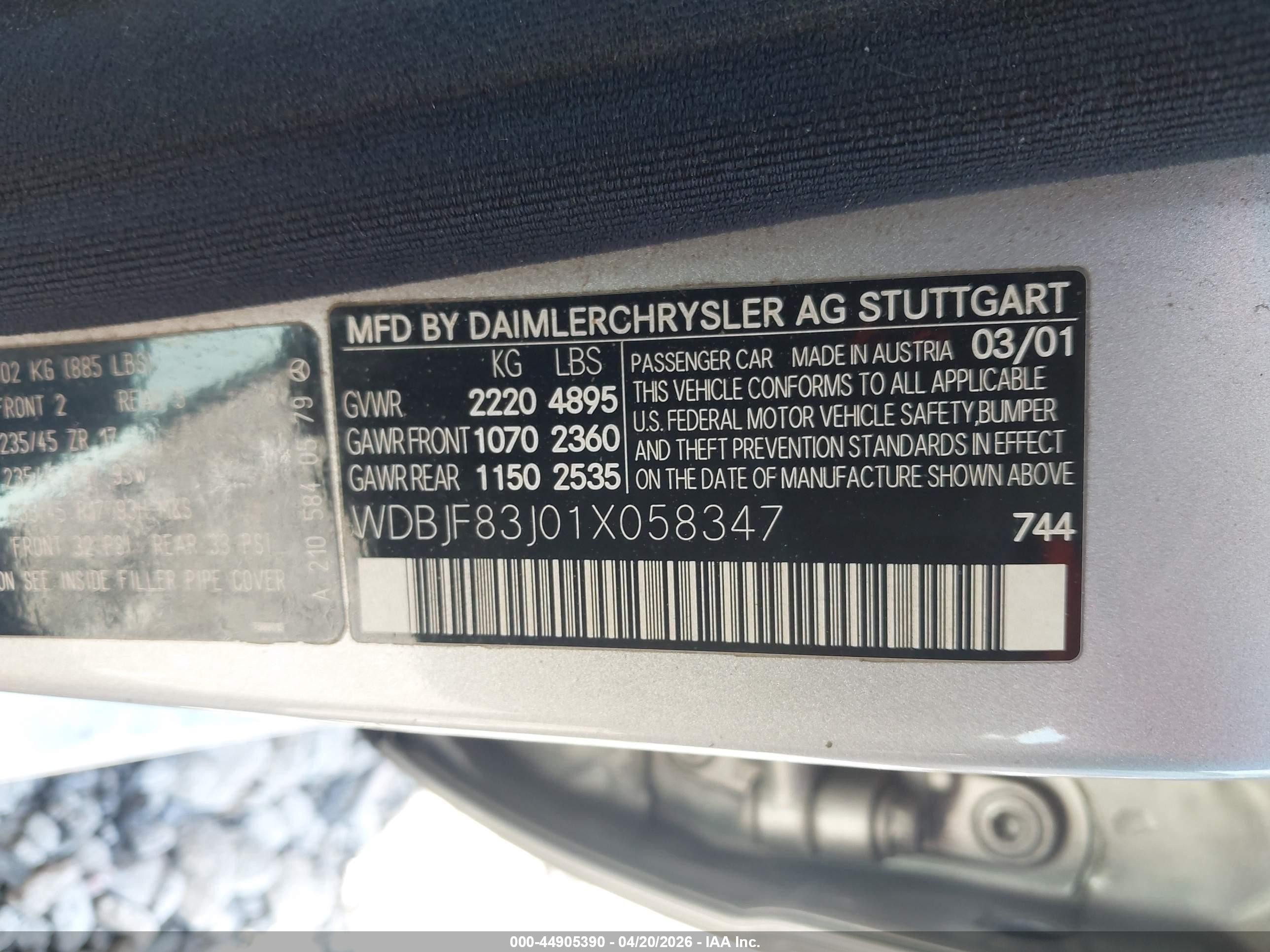 2001 Mercedes-benz E 430 4m Silver vin: WDBJF83J01X058347