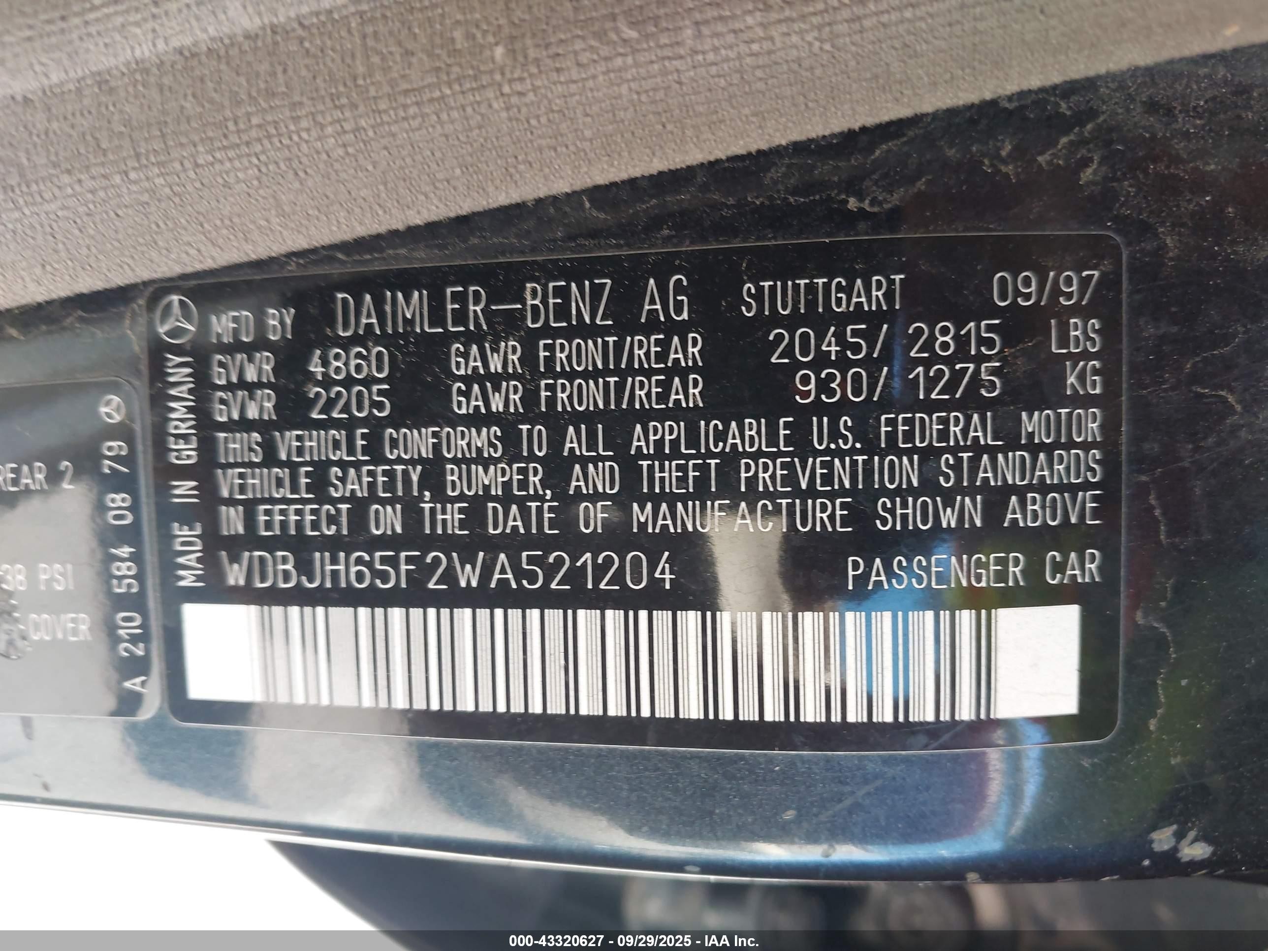 1998 Mercedes-benz E 320   Navy vin: WDBJH65F2WA521204