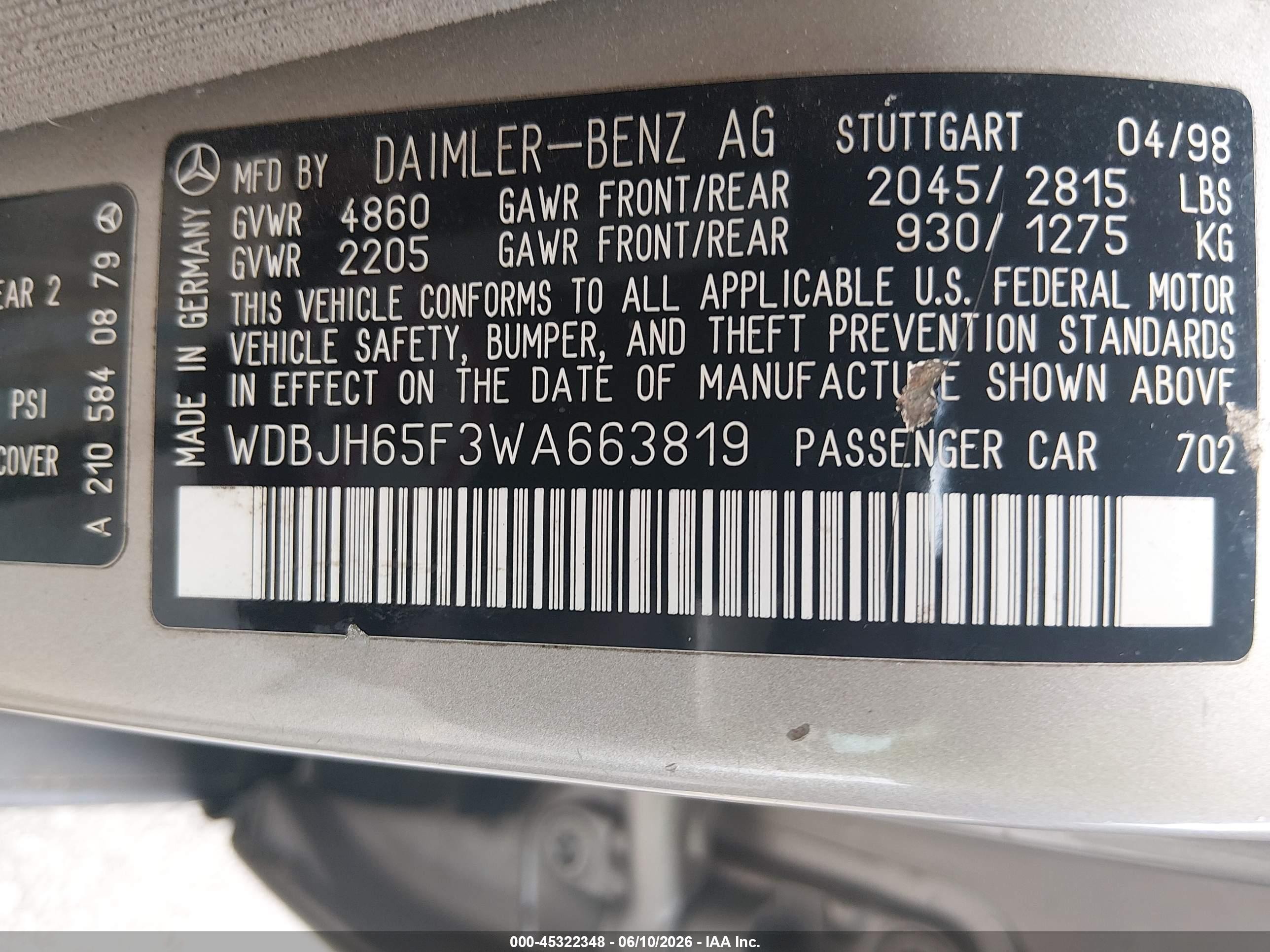 1998 Mercedes-benz E 320   Tan vin: WDBJH65F3WA663819