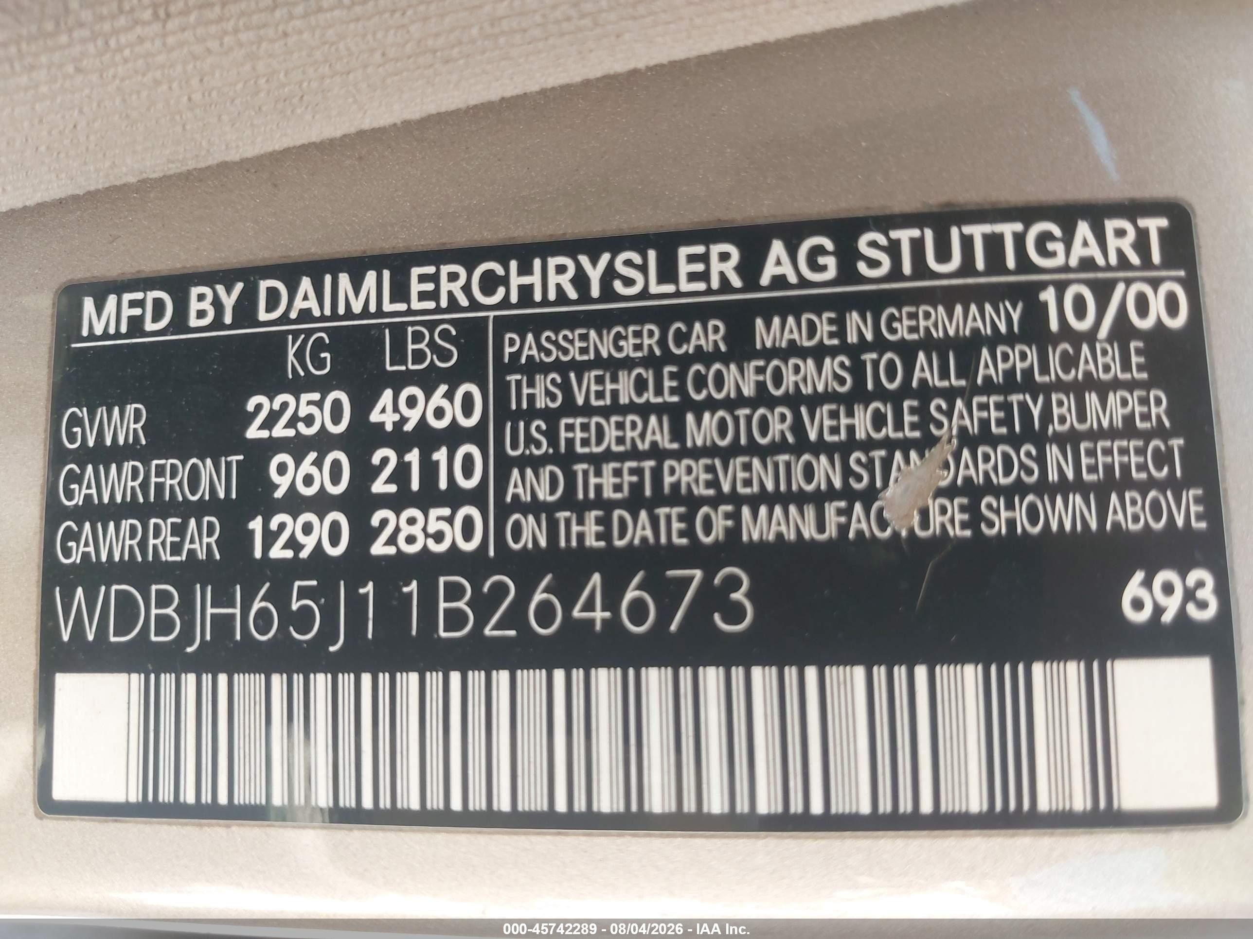 2001 Mercedes-benz E 320   Gold vin: WDBJH65J11B264673