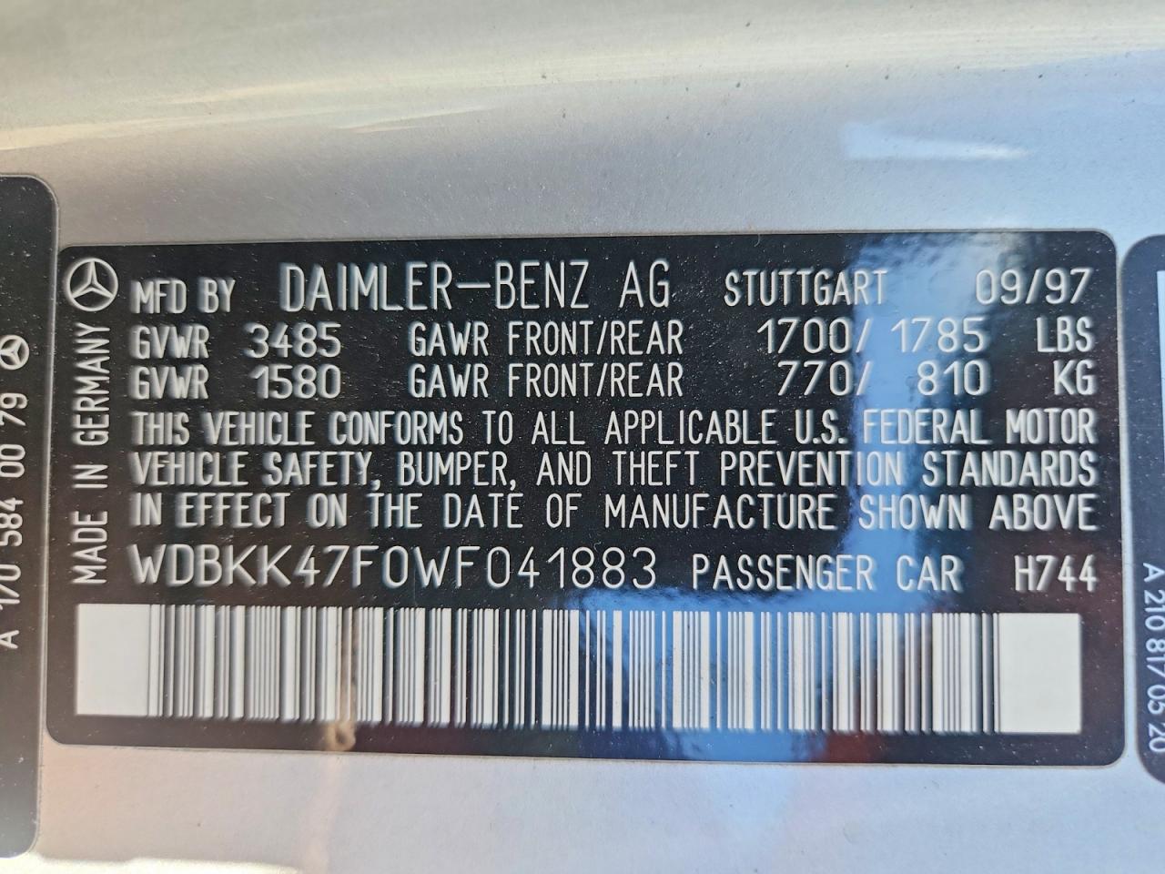1998 Mercedes-benz Slk 230 Kompressor Silver vin: WDBKK47F0WF041883