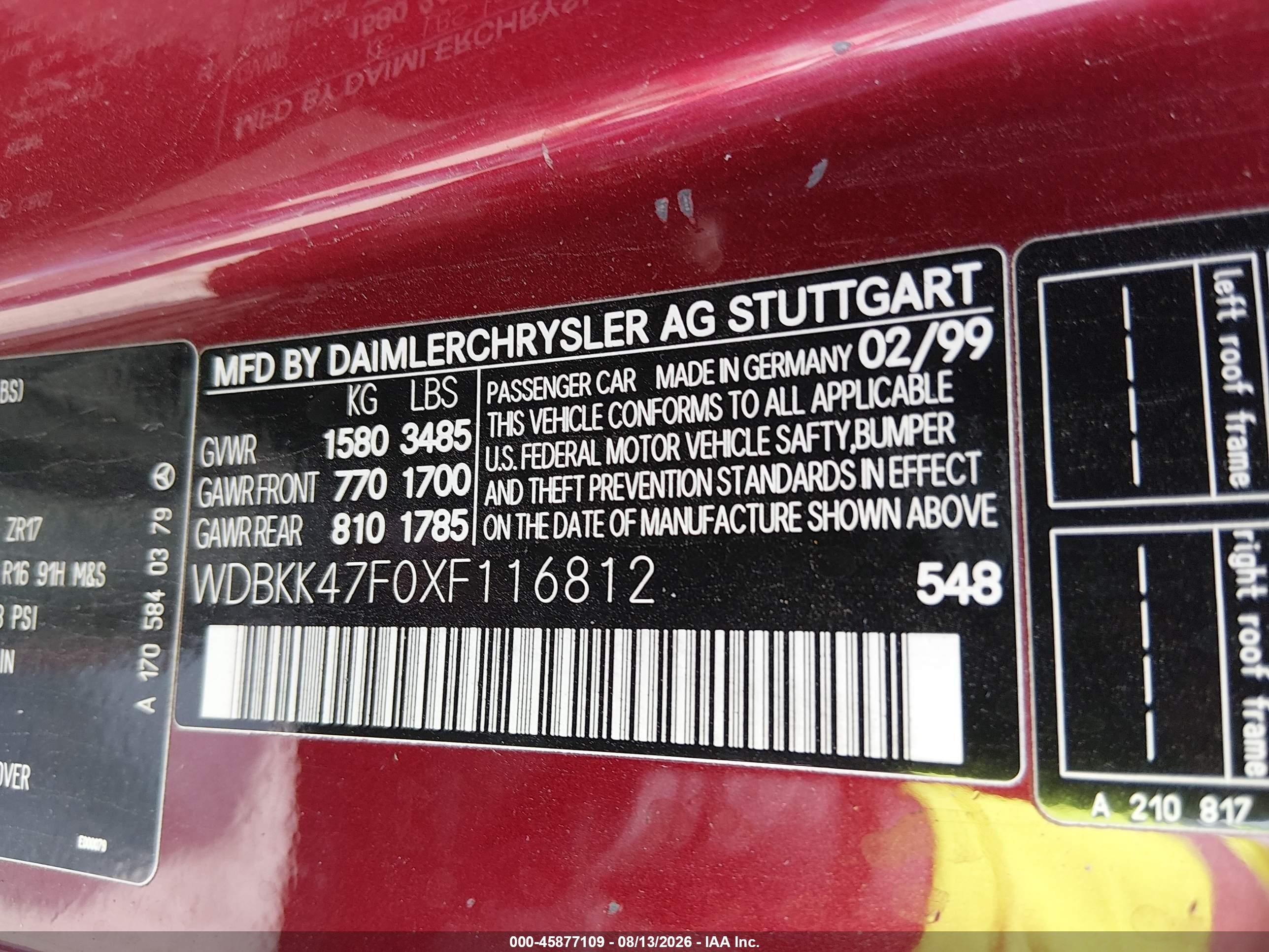 1999 Mercedes-benz Slk 230 Kompressor Red vin: WDBKK47F0XF116812