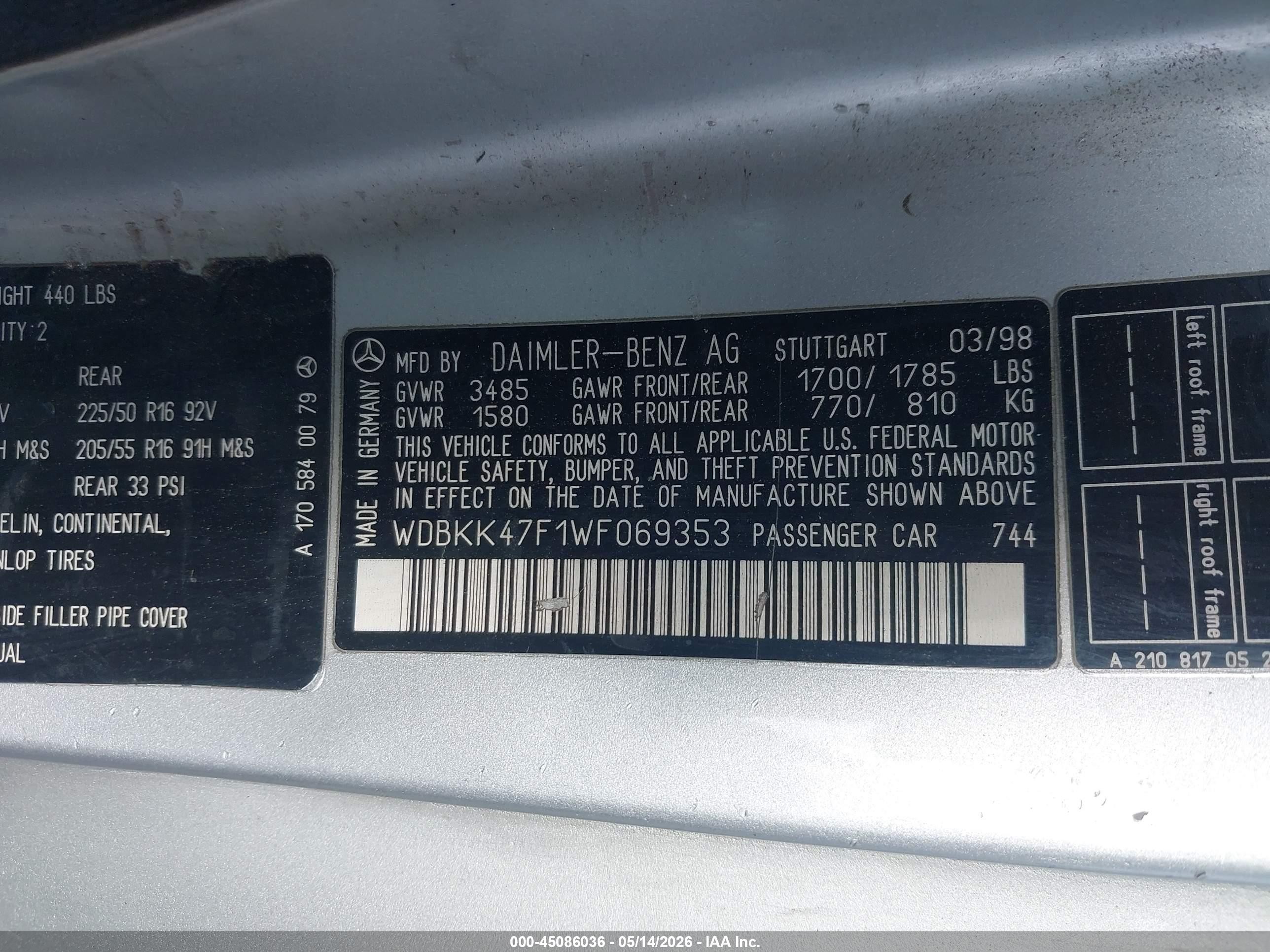 1998 Mercedes-benz Slk 230   Silver vin: WDBKK47F1WF069353