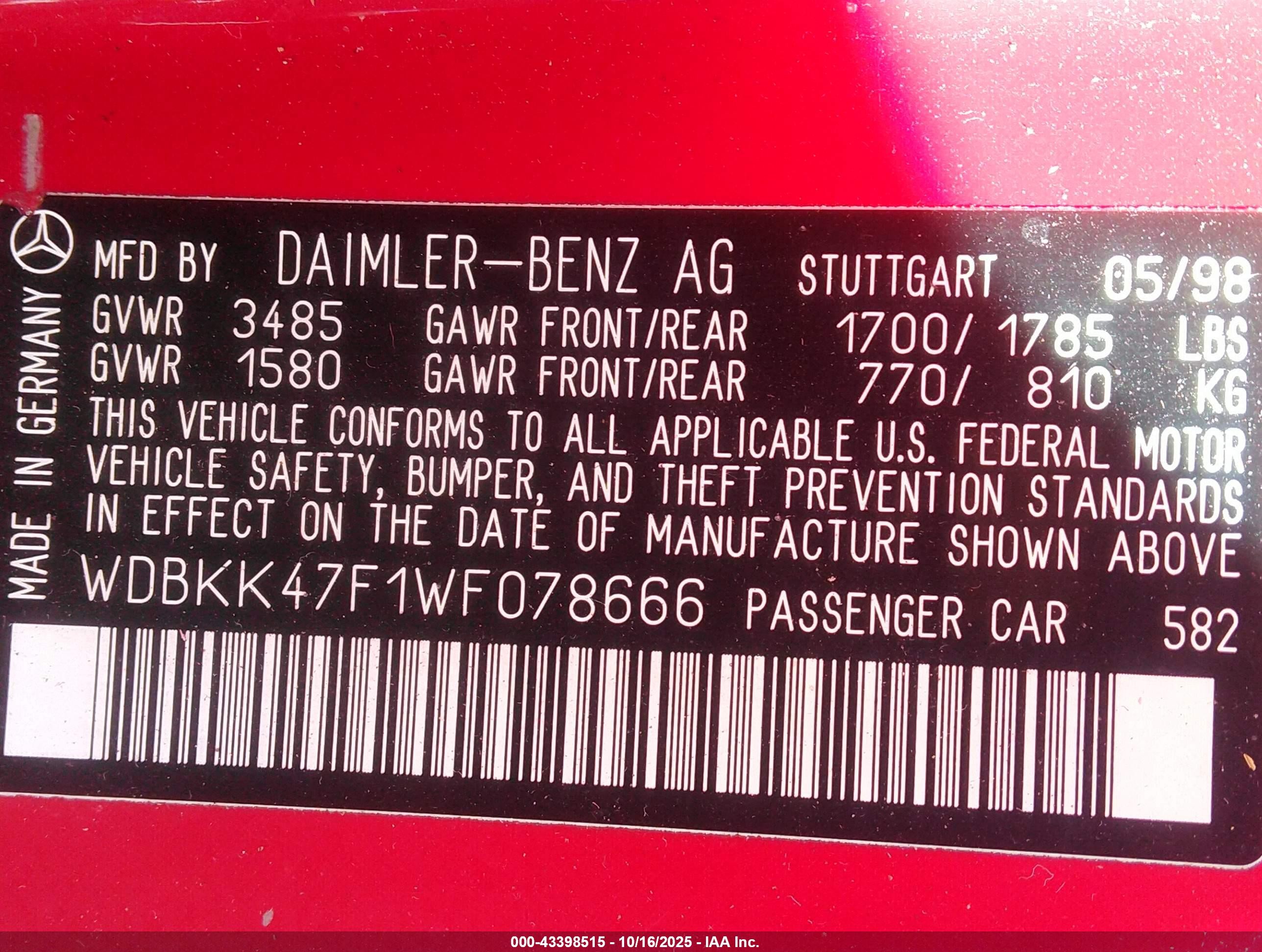 1998 Mercedes-benz Slk 230   Red vin: WDBKK47F1WF078666
