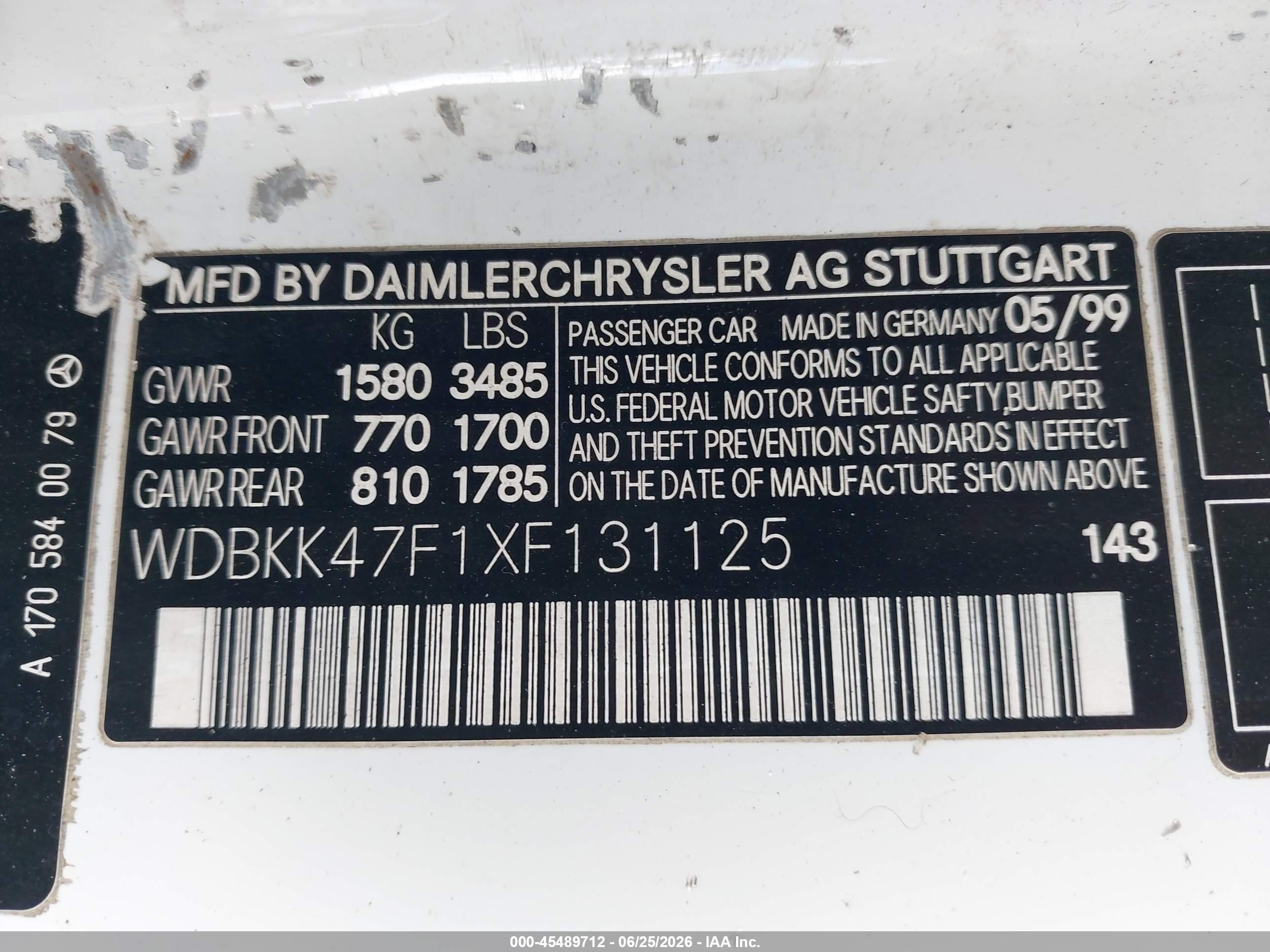 1999 Mercedes-benz Slk 230 Kompressor White vin: WDBKK47F1XF131125