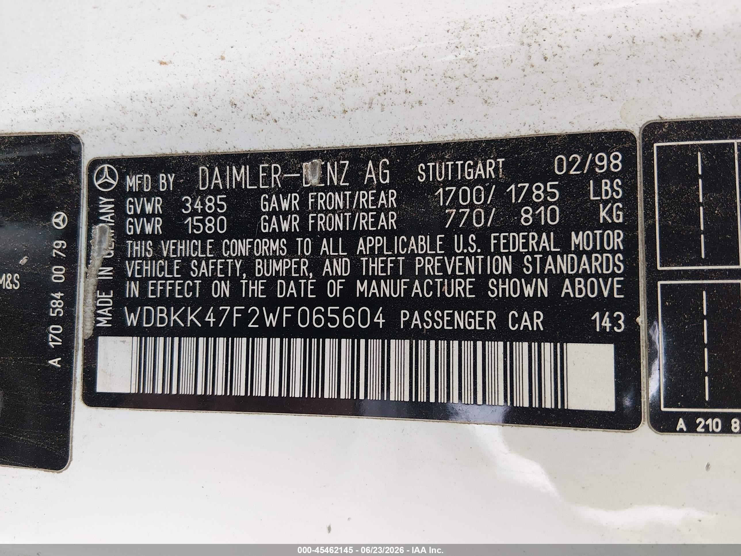 1998 Mercedes-benz Slk 230   White vin: WDBKK47F2WF065604