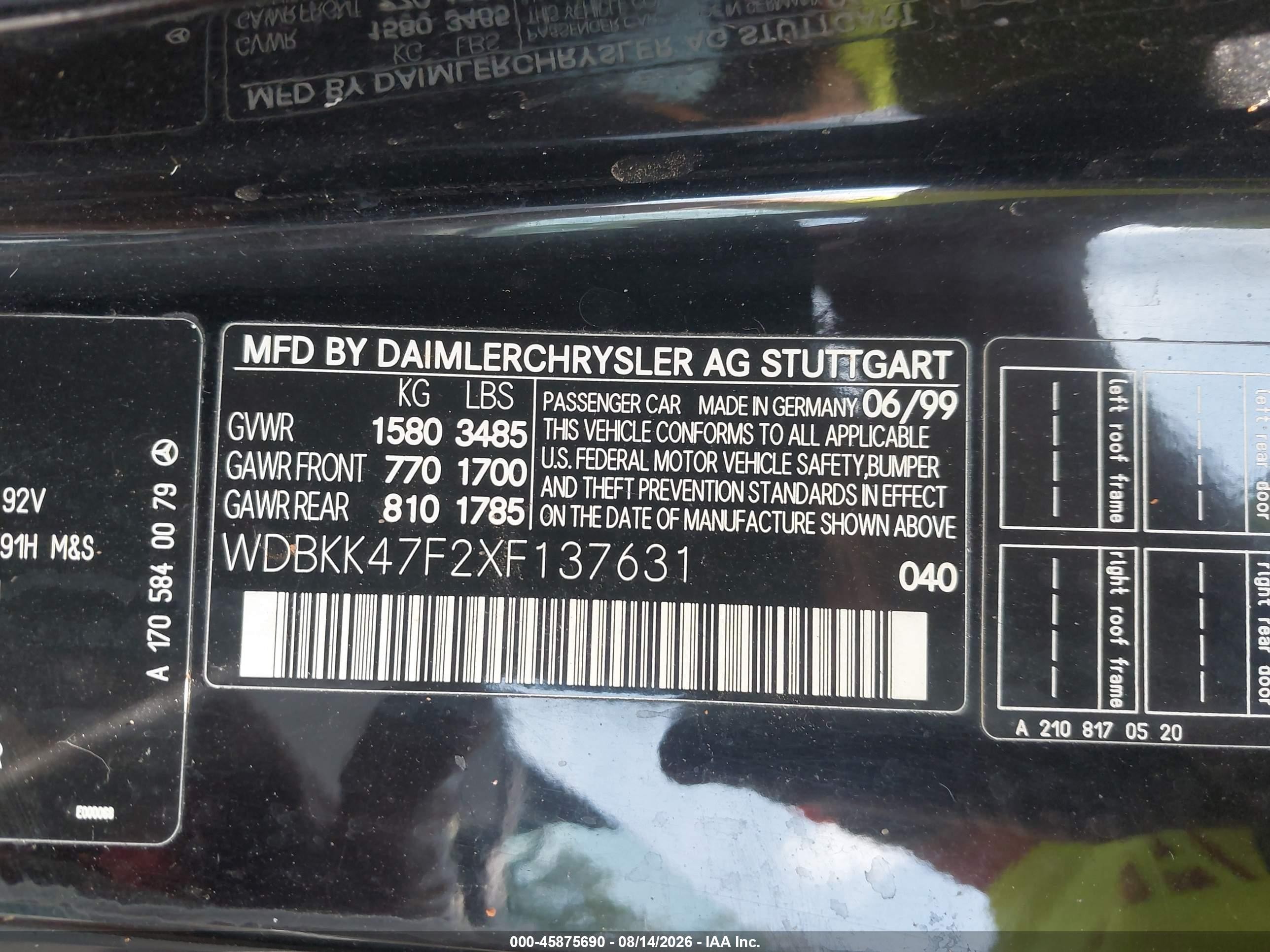 1999 Mercedes-benz Slk 230 Kompressor Black vin: WDBKK47F2XF137631