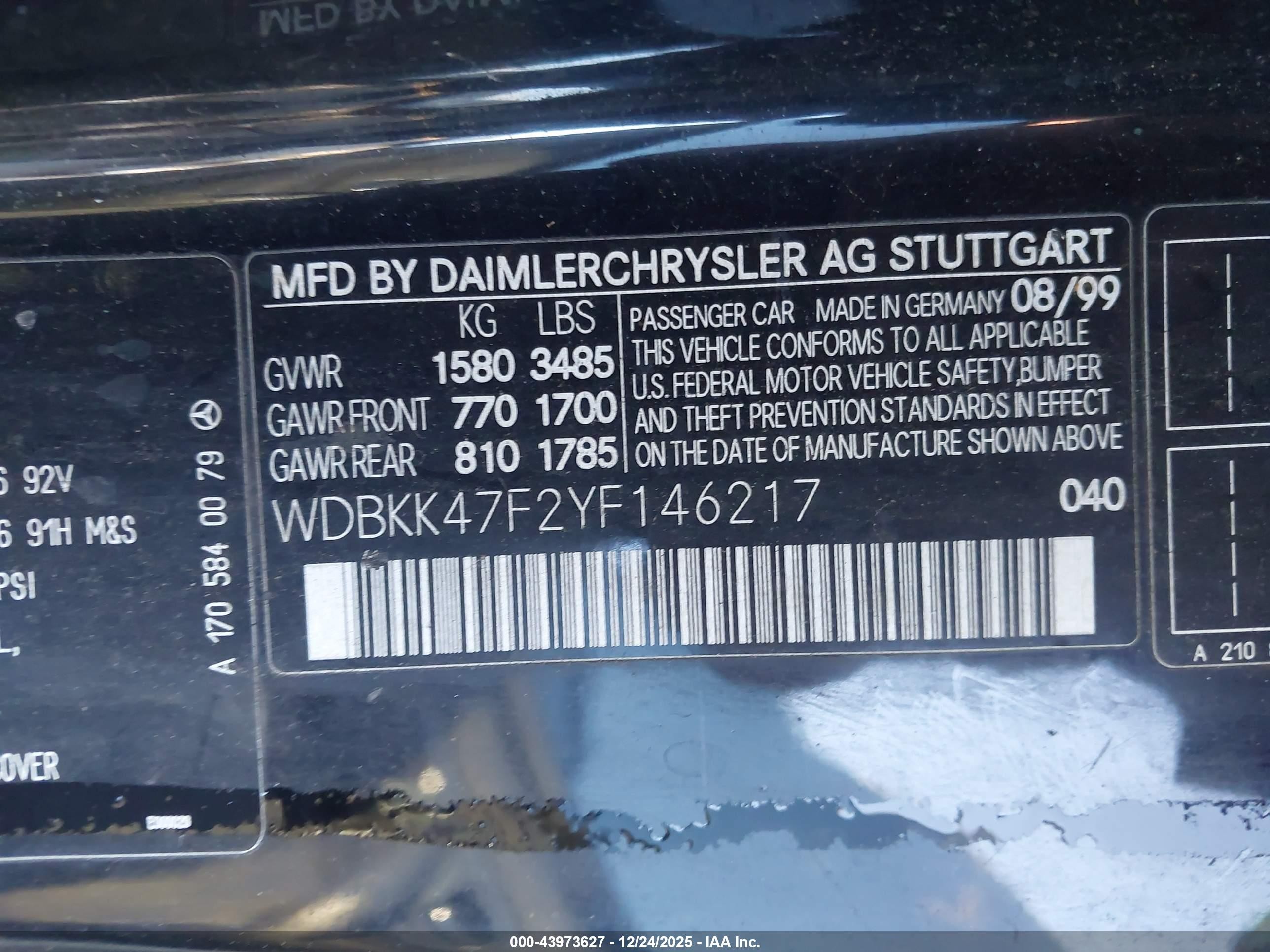 2000 Mercedes-benz Slk 230 Kompressor Black vin: WDBKK47F2YF146217