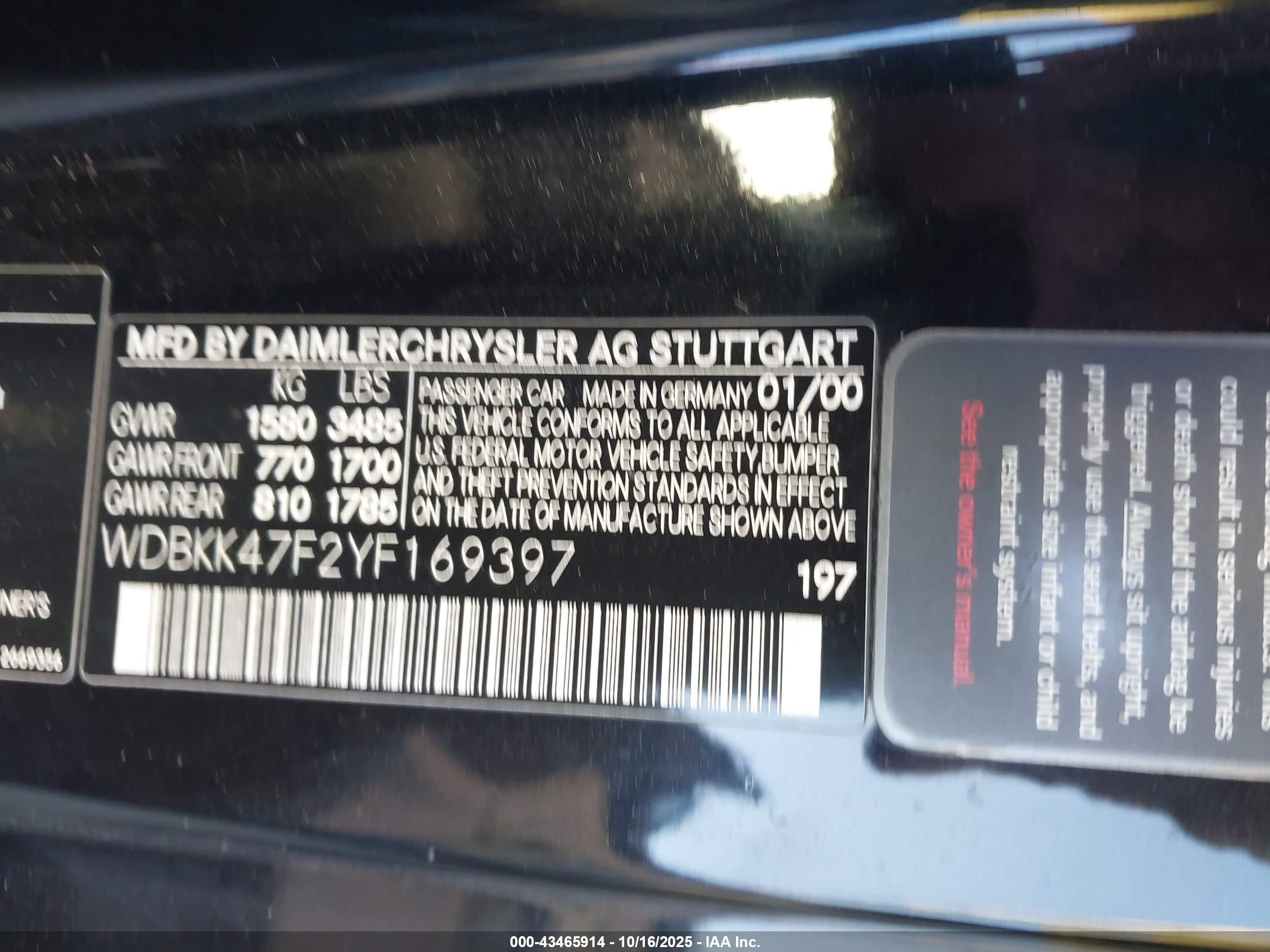 2000 Mercedes-benz Slk 230 Kompressor Black vin: WDBKK47F2YF169397