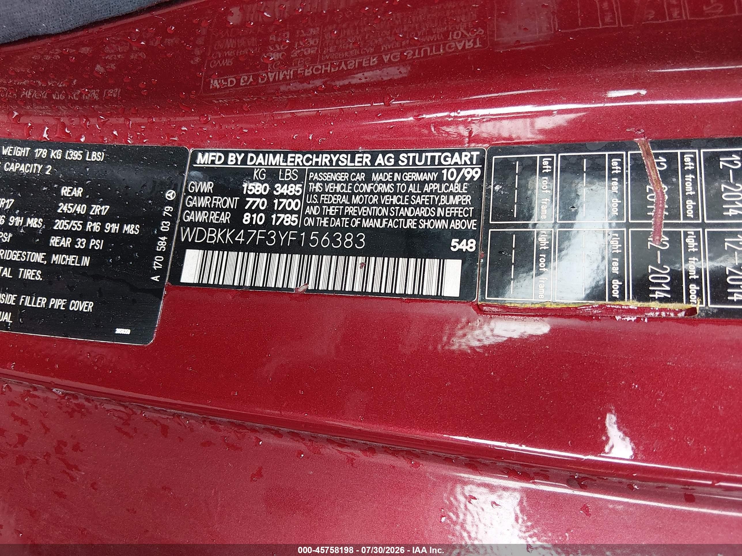 2000 Mercedes-benz Slk 230 Kompressor Red vin: WDBKK47F3YF156383