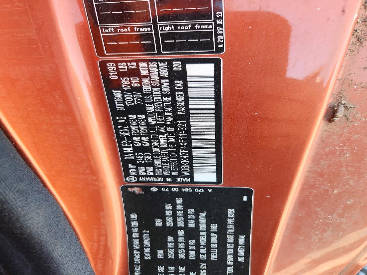 1999 Mercedes-benz Slk 230 Kompressor Orange vin: WDBKK47F4XF114321