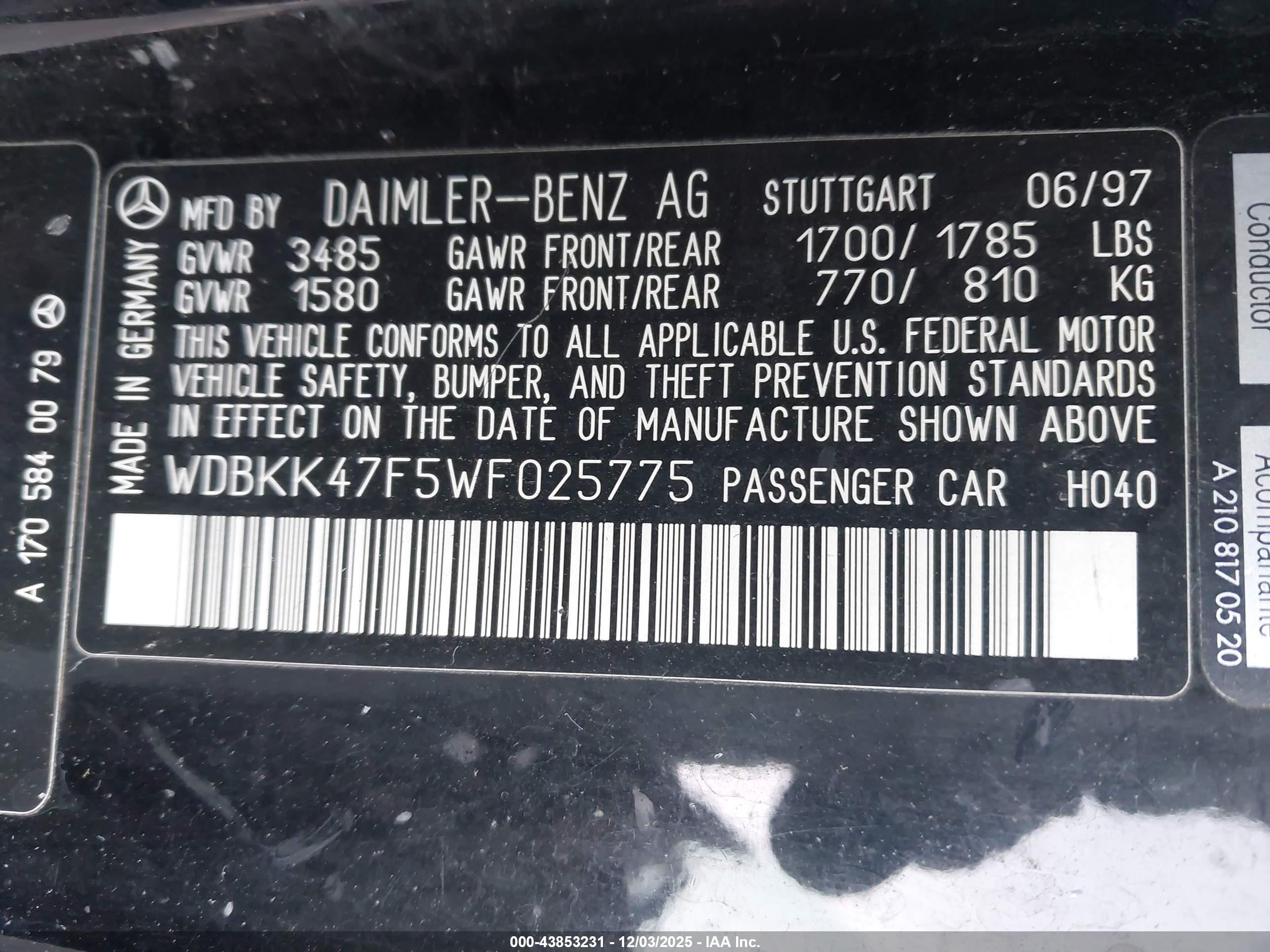 1998 Mercedes-benz Slk 230   Black vin: WDBKK47F5WF025775