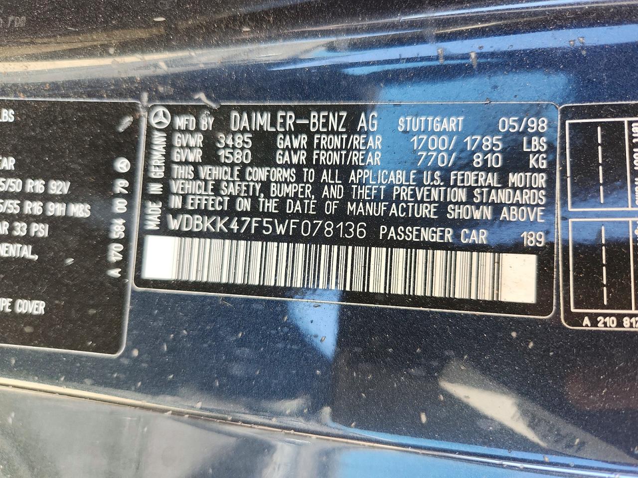 1998 Mercedes-benz Slk 230 Kompressor Blue vin: WDBKK47F5WF078136