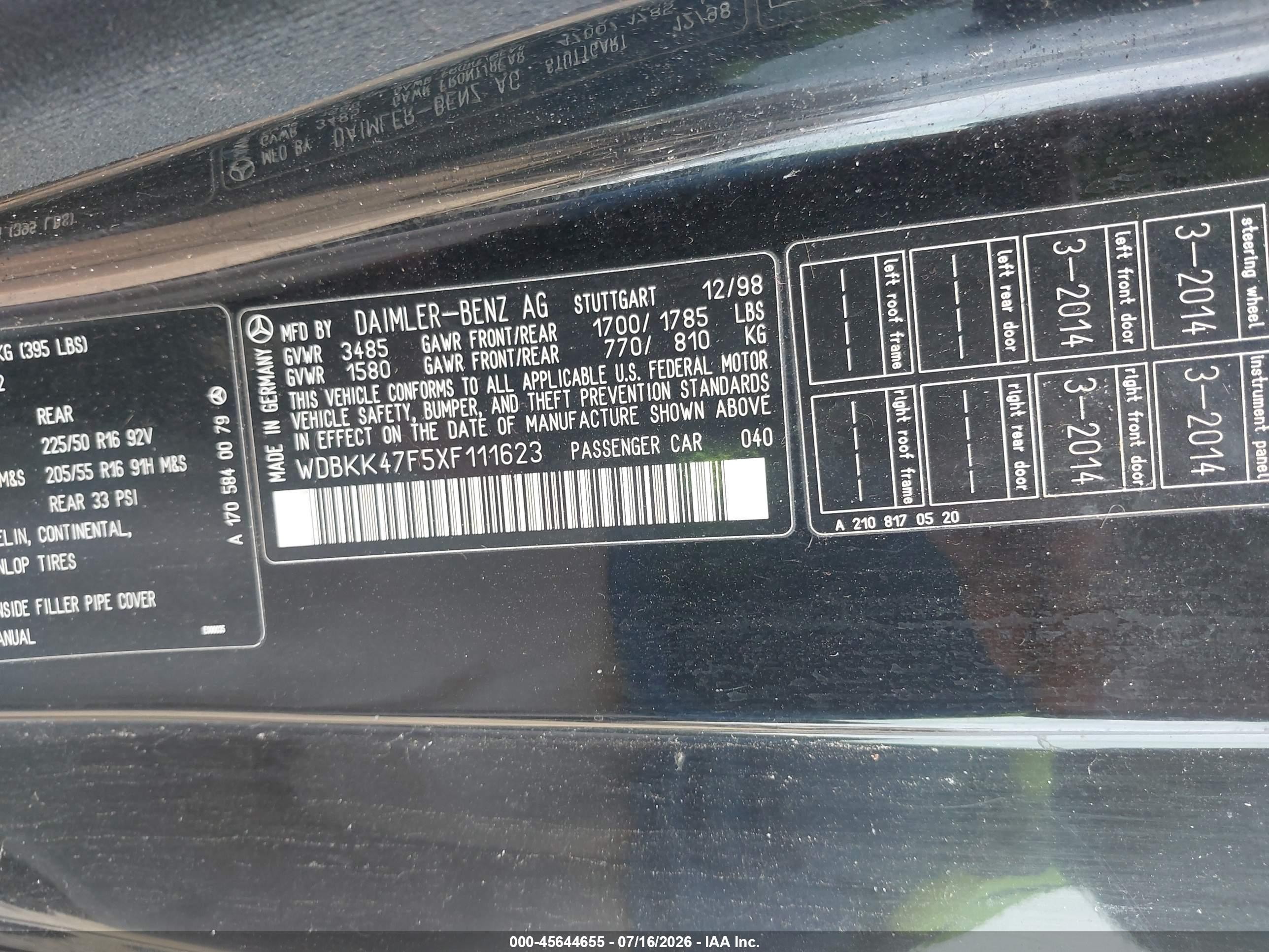 1999 Mercedes-benz Slk 230 Kompressor Black vin: WDBKK47F5XF111623