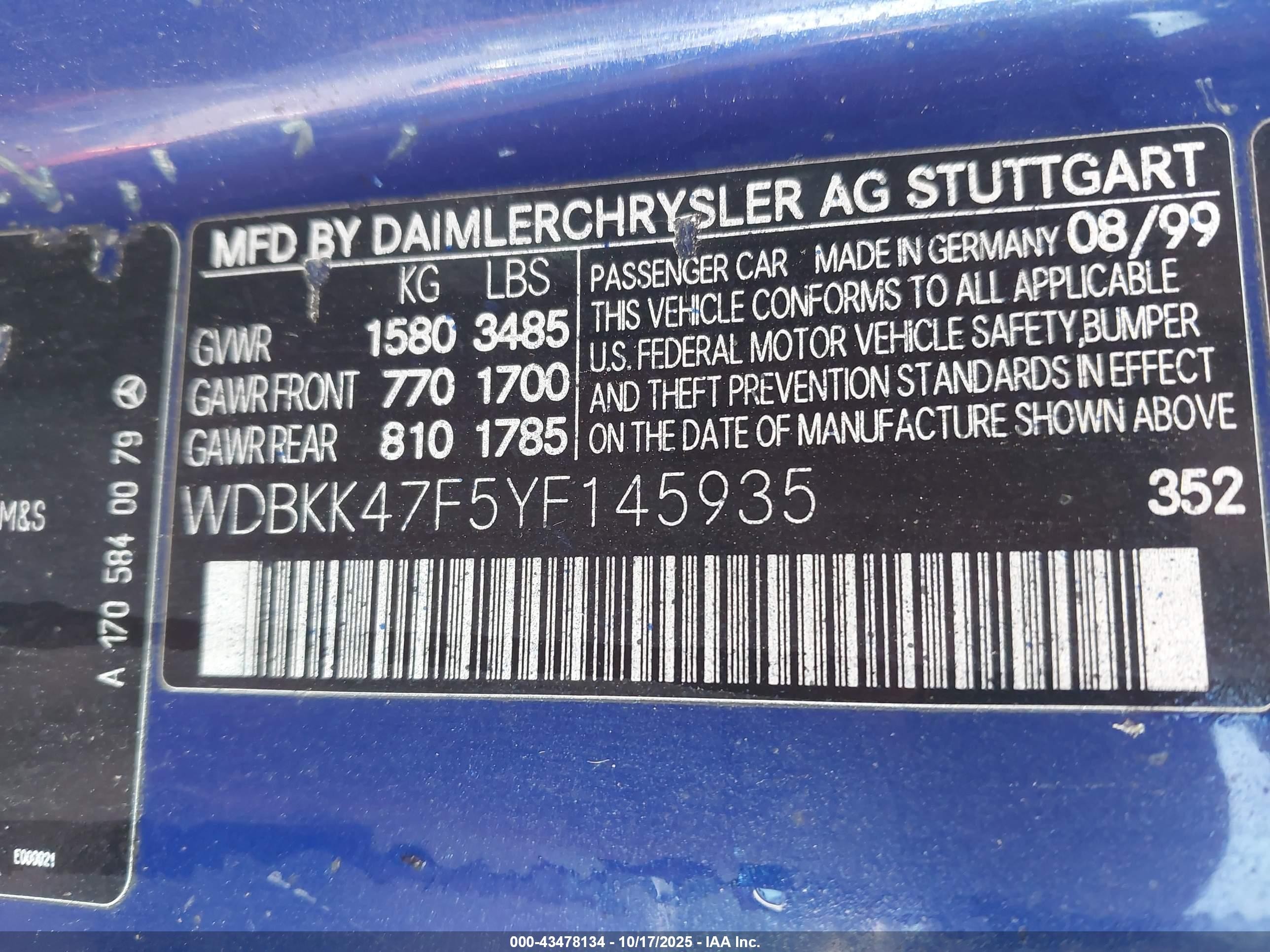 2000 Mercedes-benz Slk 230 Kompressor Blue vin: WDBKK47F5YF145935