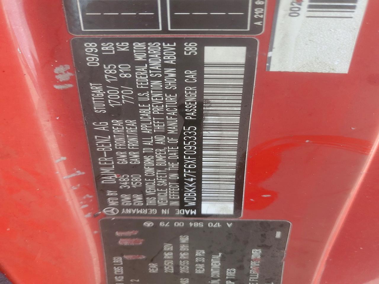 1999 Mercedes-benz Slk 230 Kompressor Red vin: WDBKK47F6XF095335