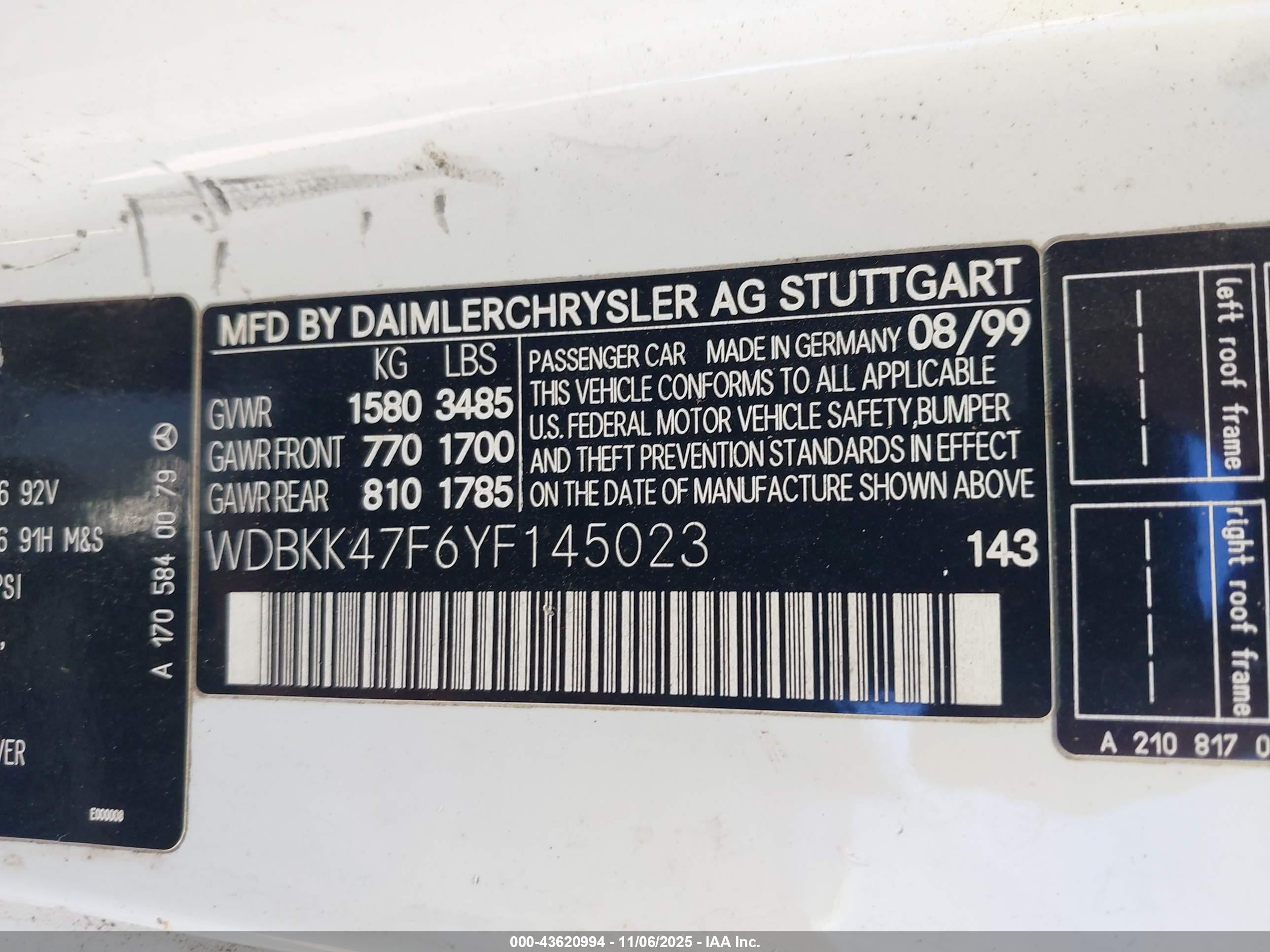 2000 Mercedes-benz Slk 230 Kompressor Белый vin: WDBKK47F6YF145023