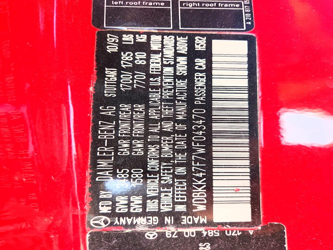 1998 Mercedes-benz Slk 230 Kompressor Red vin: WDBKK47F7WF043470