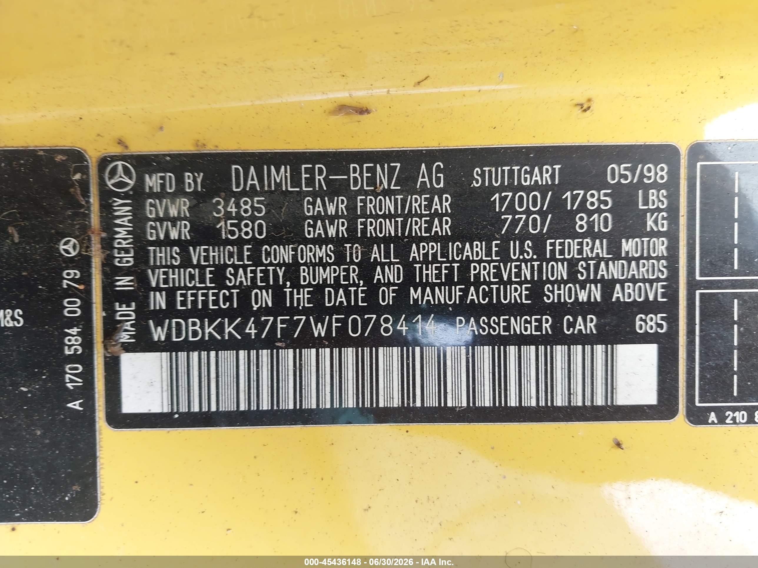 1998 Mercedes-benz Slk 230   Yellow vin: WDBKK47F7WF078414