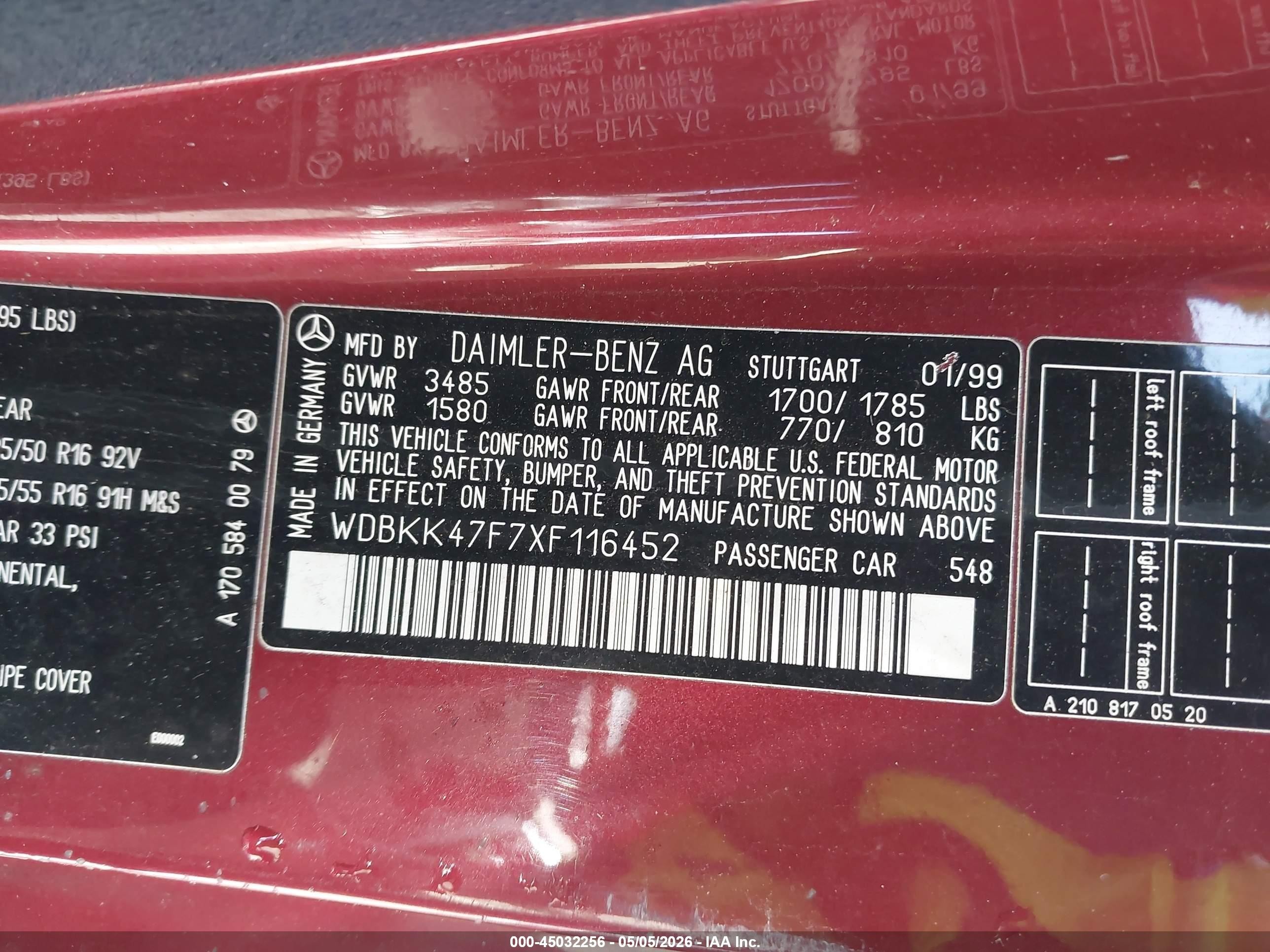 1999 Mercedes-benz Slk 230 Kompressor Red vin: WDBKK47F7XF116452