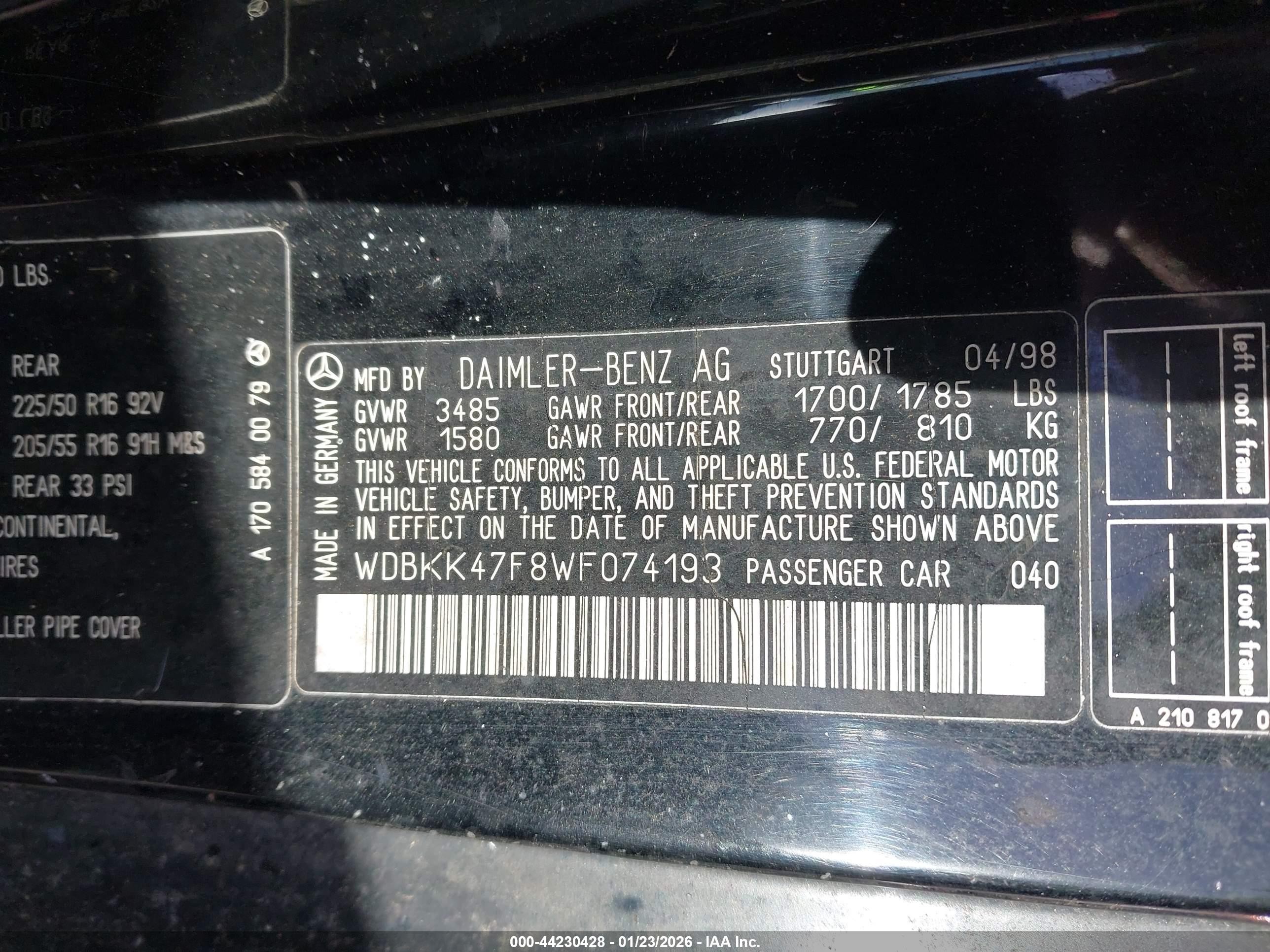 1998 Mercedes-benz Slk 230   Black vin: WDBKK47F8WF074193