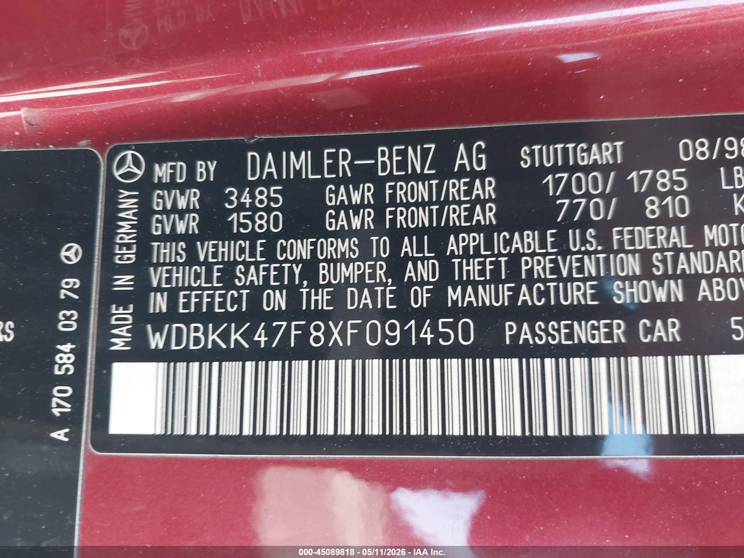 1999 Mercedes-benz Slk 230 Kompressor Red vin: WDBKK47F8XF091450