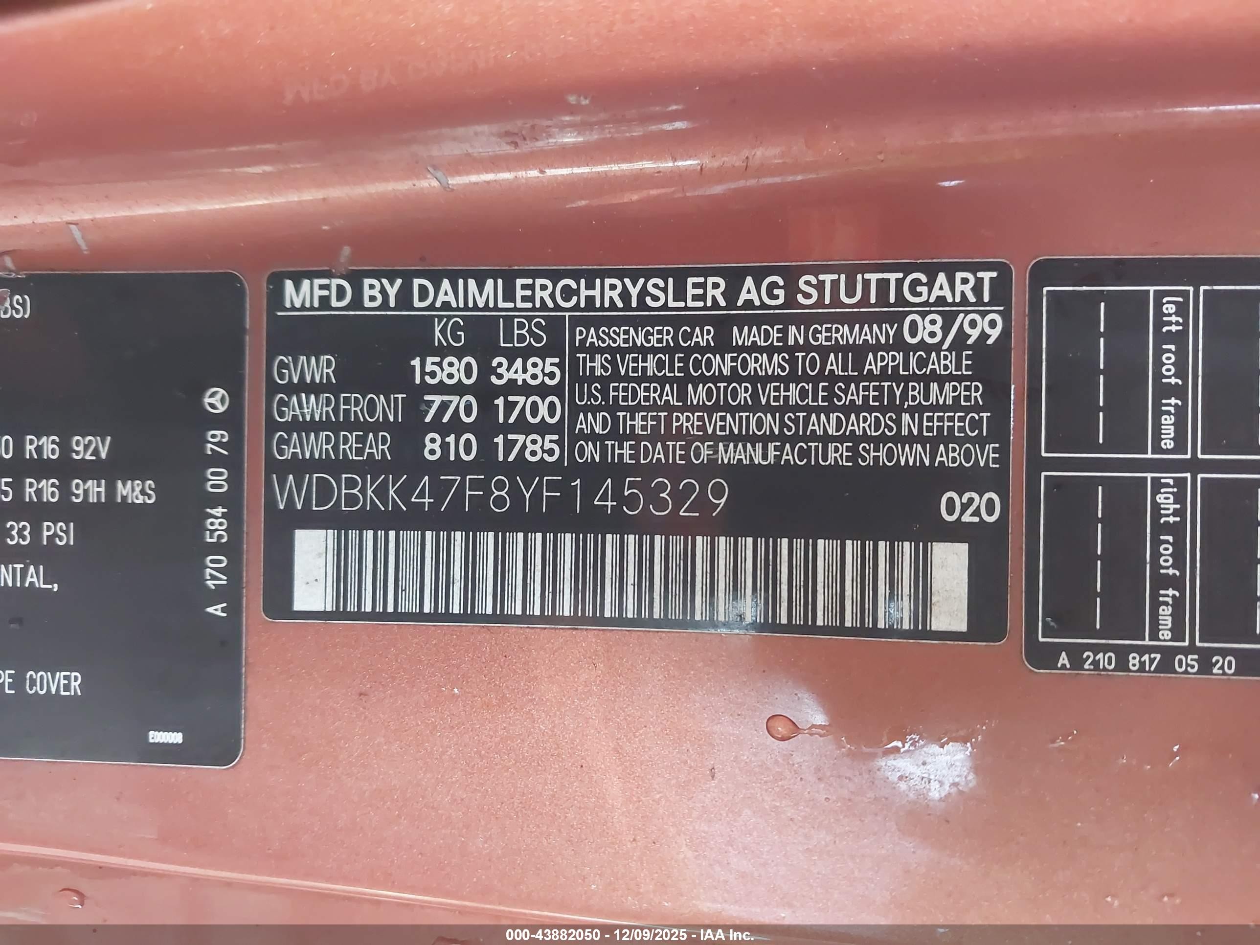 2000 Mercedes-benz Slk 230 Kompressor Orange vin: WDBKK47F8YF145329