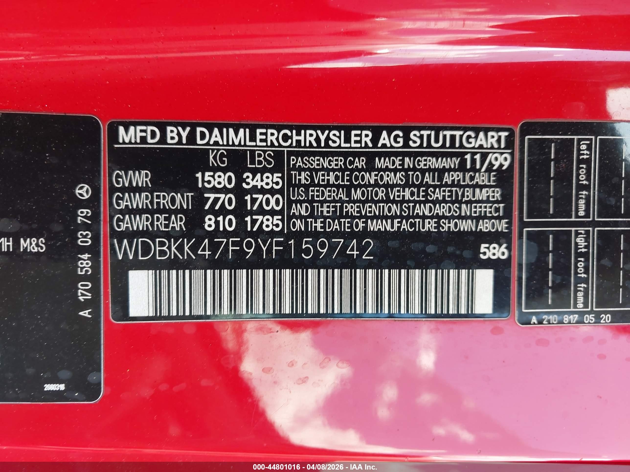 2000 Mercedes-benz Slk 230 Kompressor Red vin: WDBKK47F9YF159742