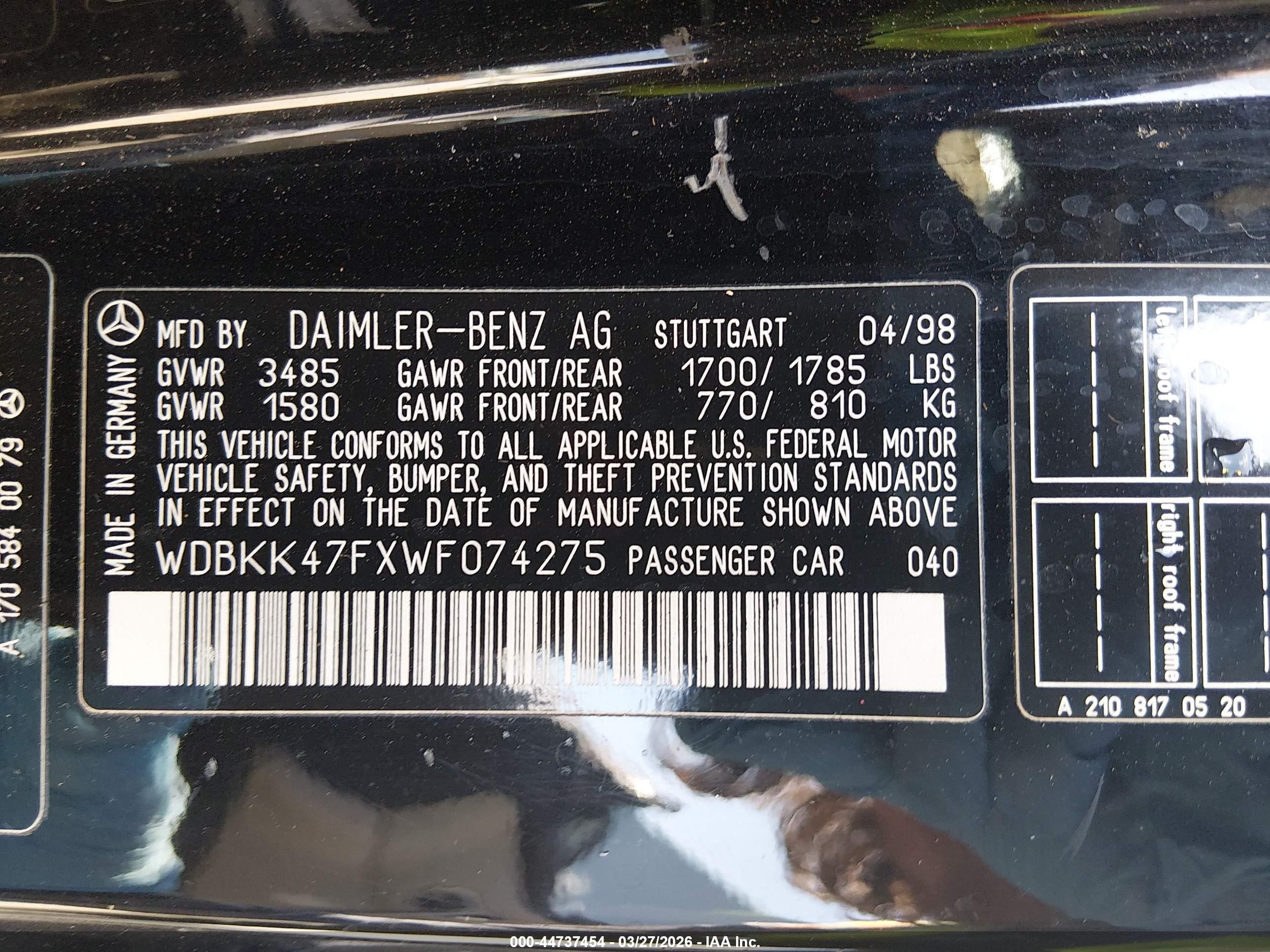 1998 Mercedes-benz Slk 230   Black vin: WDBKK47FXWF074275