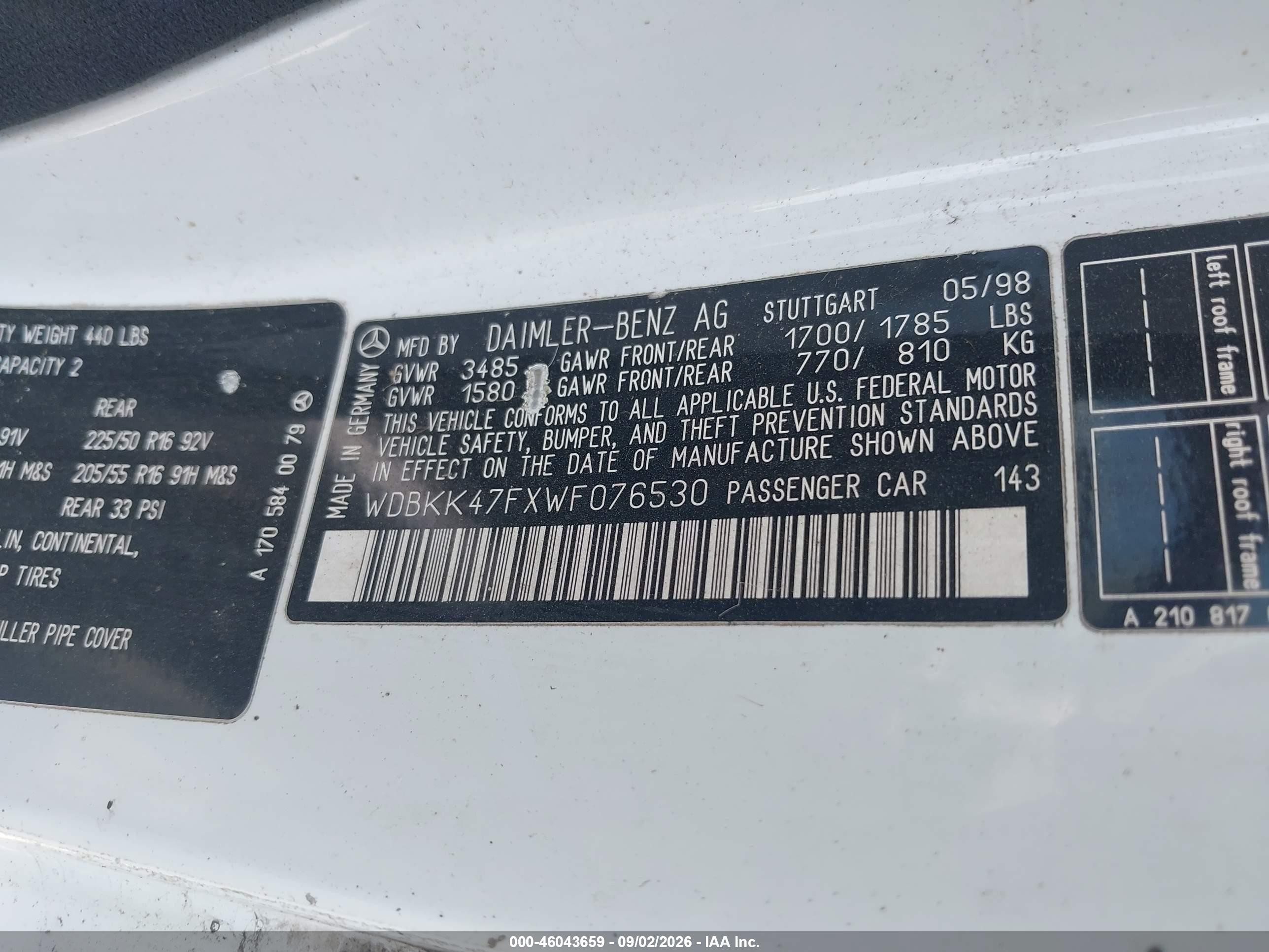 1998 Mercedes-benz Slk 230   Белый vin: WDBKK47FXWF076530