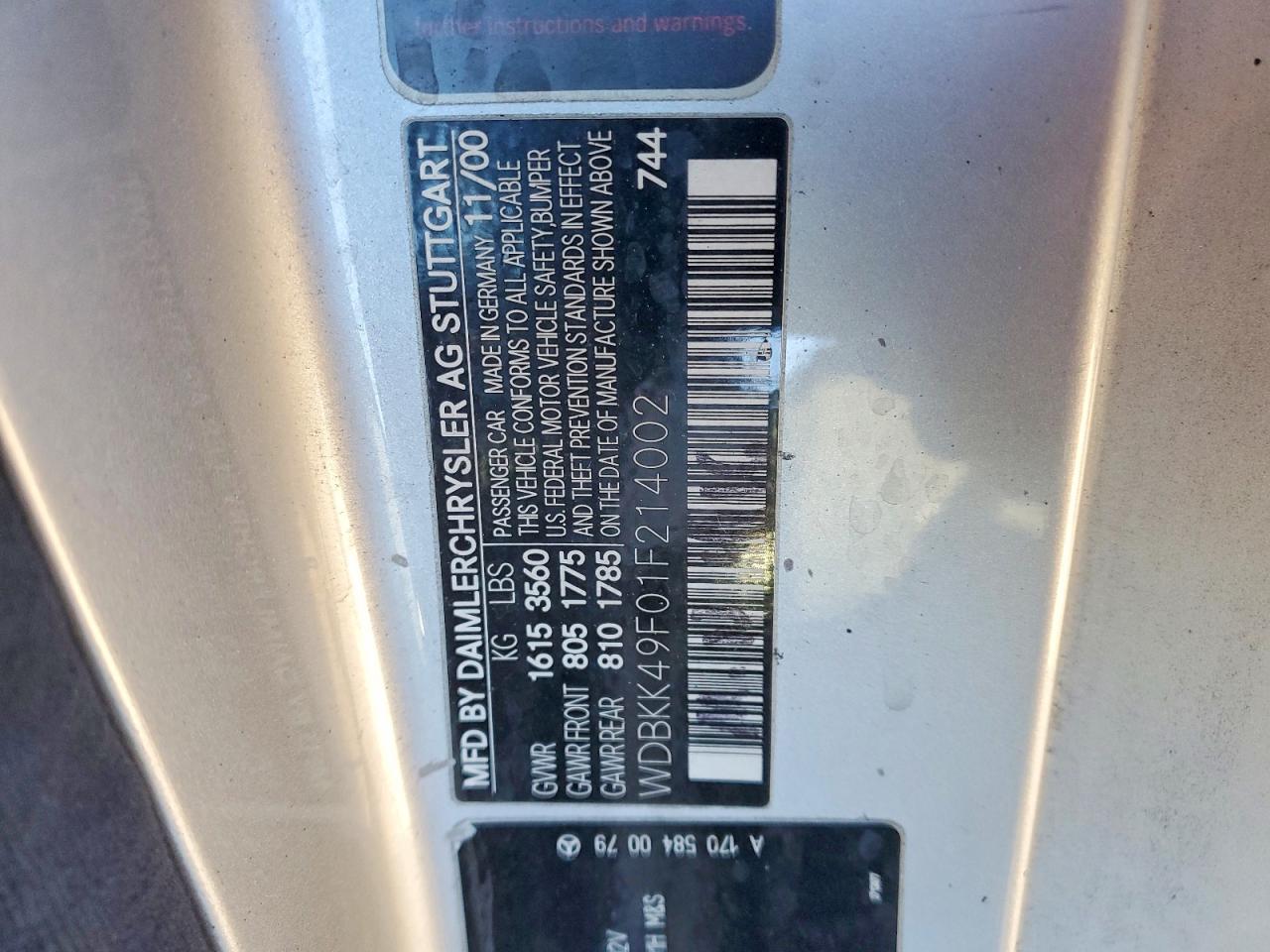 2001 Mercedes-benz Slk 230 Kompressor Silver vin: WDBKK49F01F214002