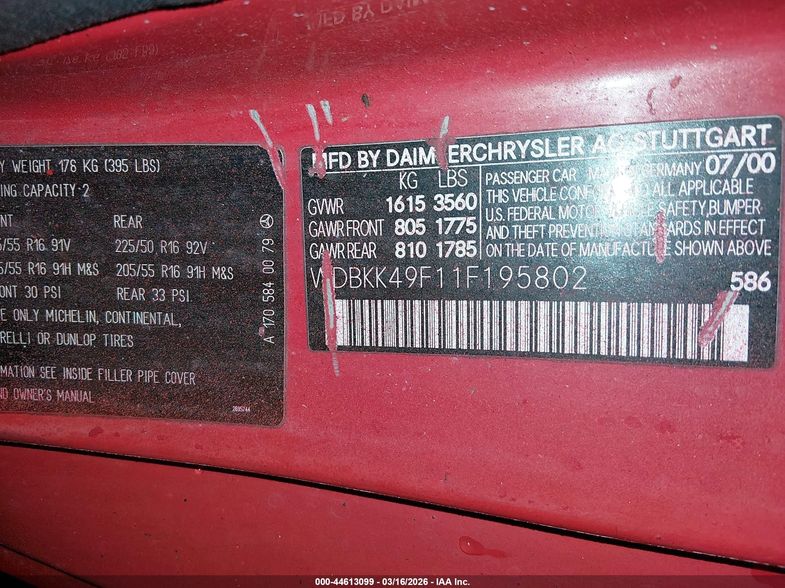 2001 Mercedes-benz Slk 230 Kompressor Red vin: WDBKK49F11F195802
