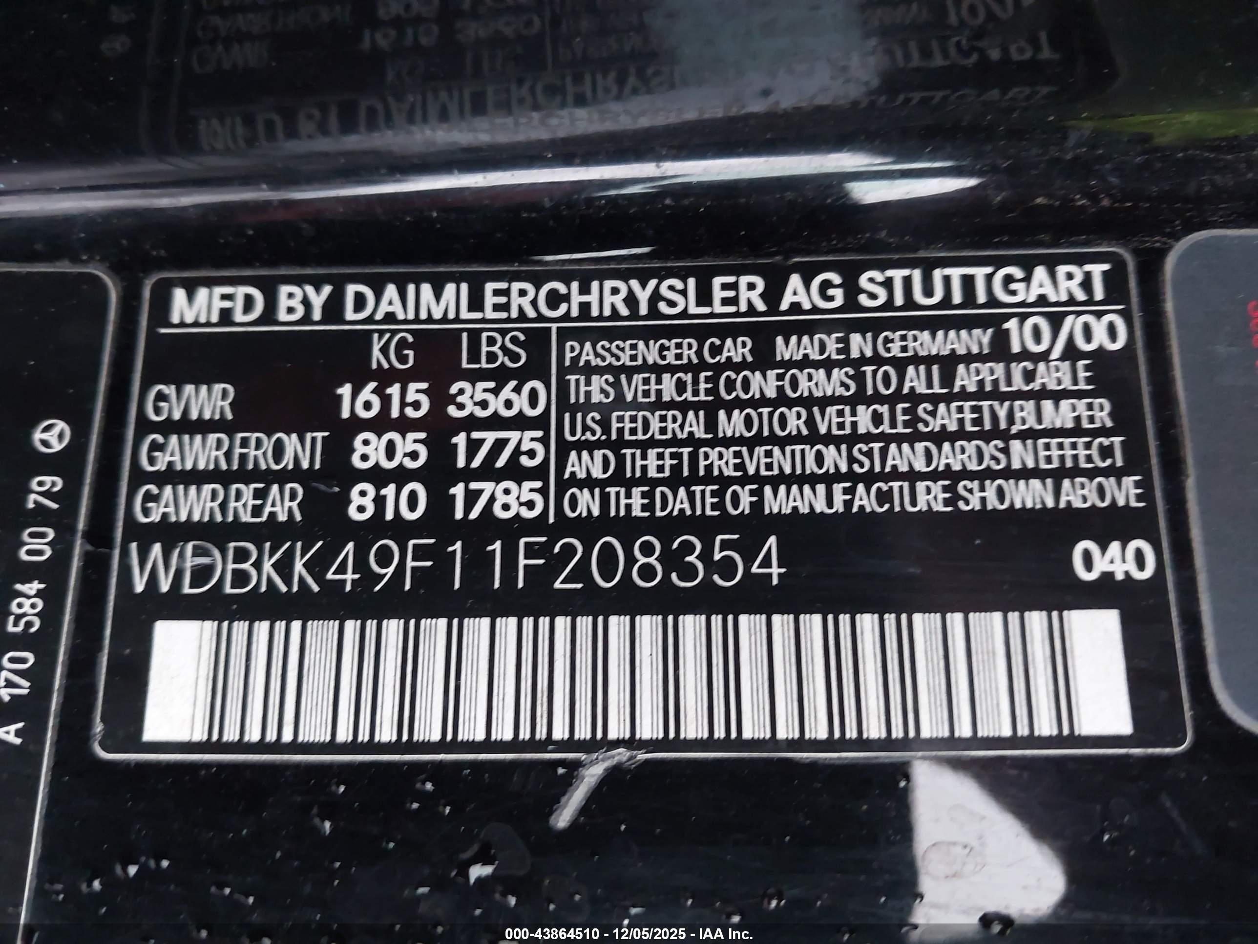 2001 Mercedes-benz Slk 230 Kompressor Black vin: WDBKK49F11F208354