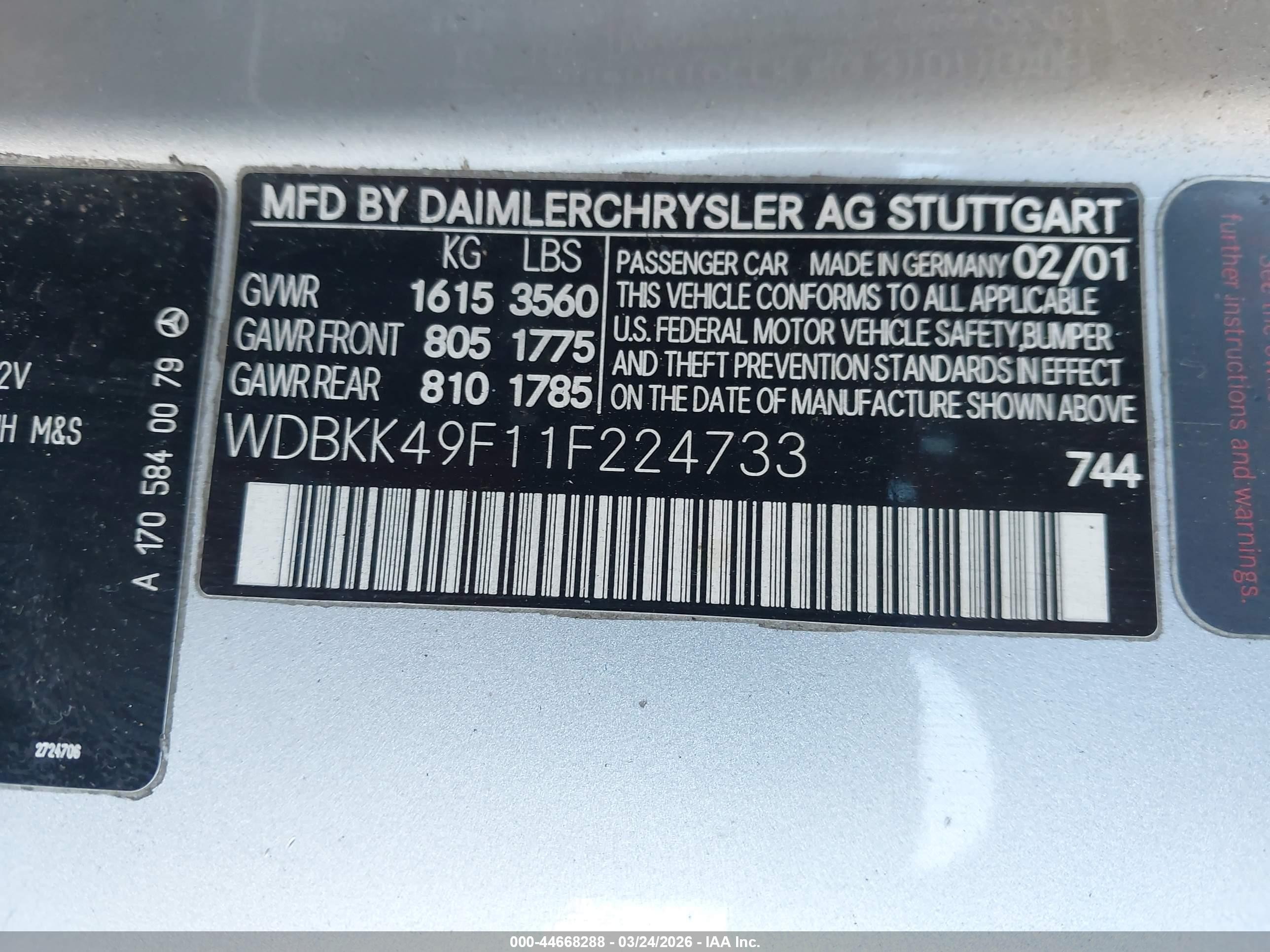 2001 Mercedes-benz Slk 230 Kompressor Silver vin: WDBKK49F11F224733
