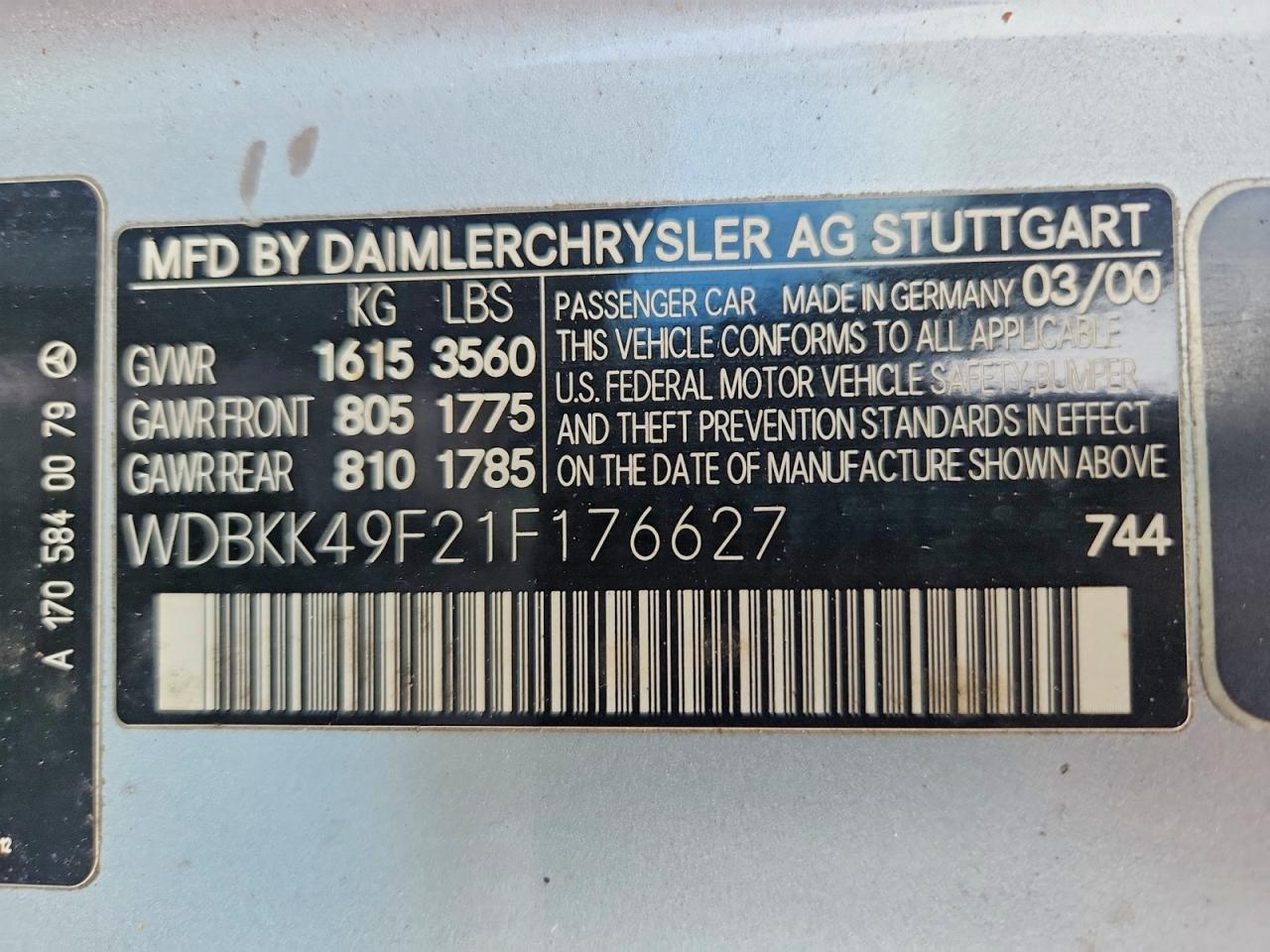 2001 Mercedes-benz Slk 230 Kompressor Silver vin: WDBKK49F21F176627