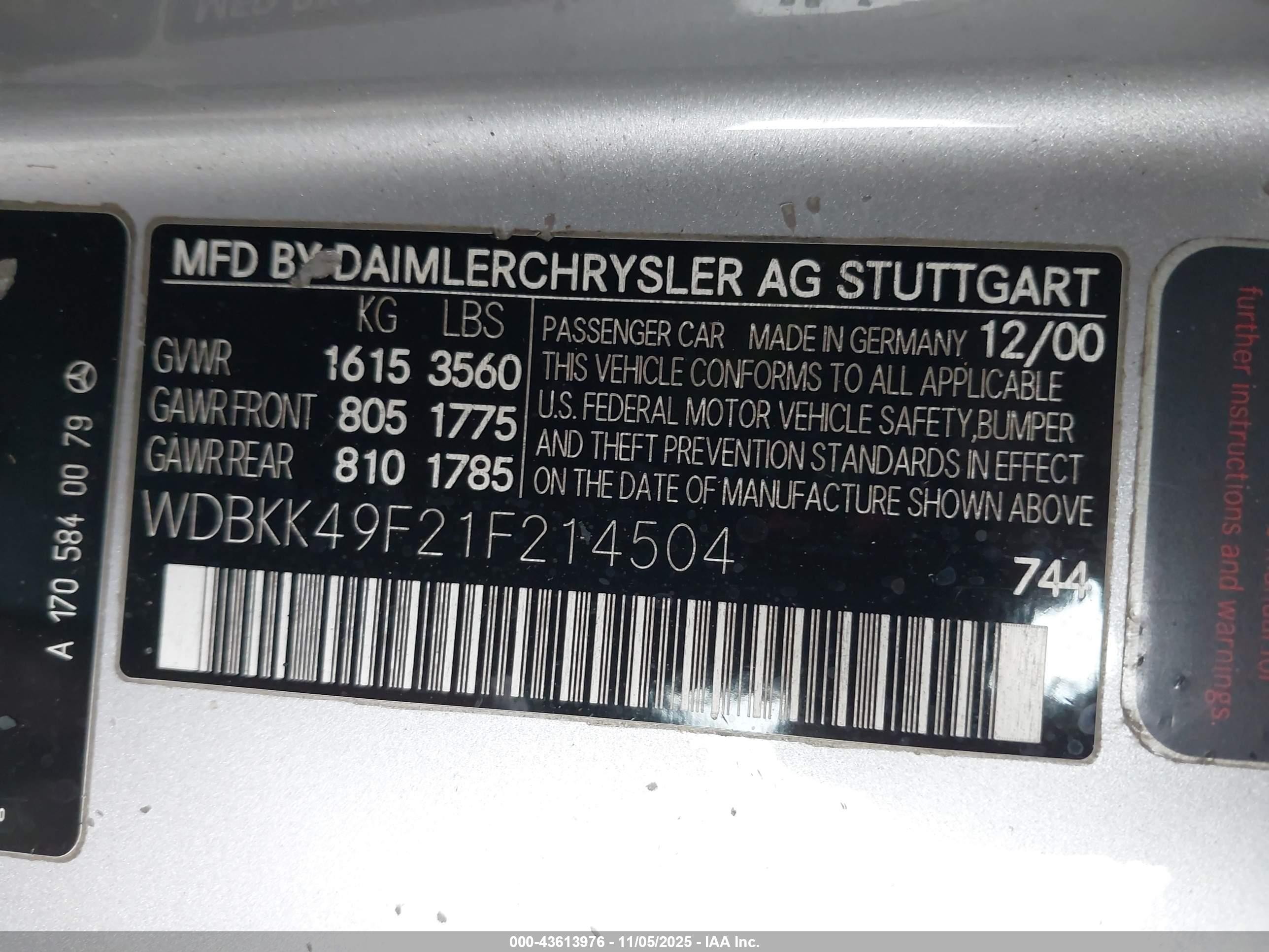 2001 Mercedes-benz Slk 230 Kompressor Silver vin: WDBKK49F21F214504