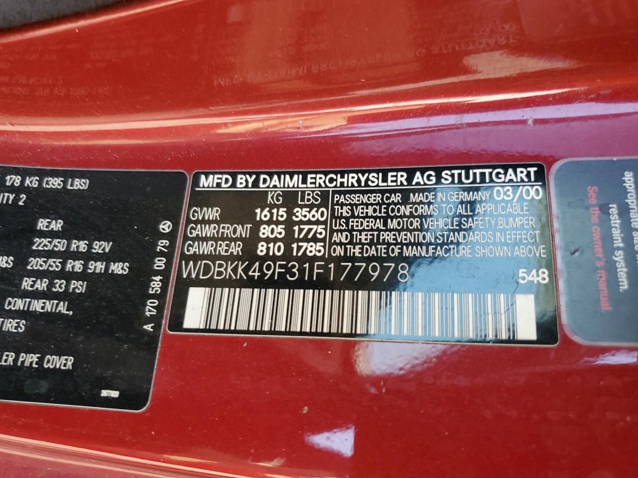 2001 Mercedes-benz Slk 230 Kompressor Burgundy vin: WDBKK49F31F177978