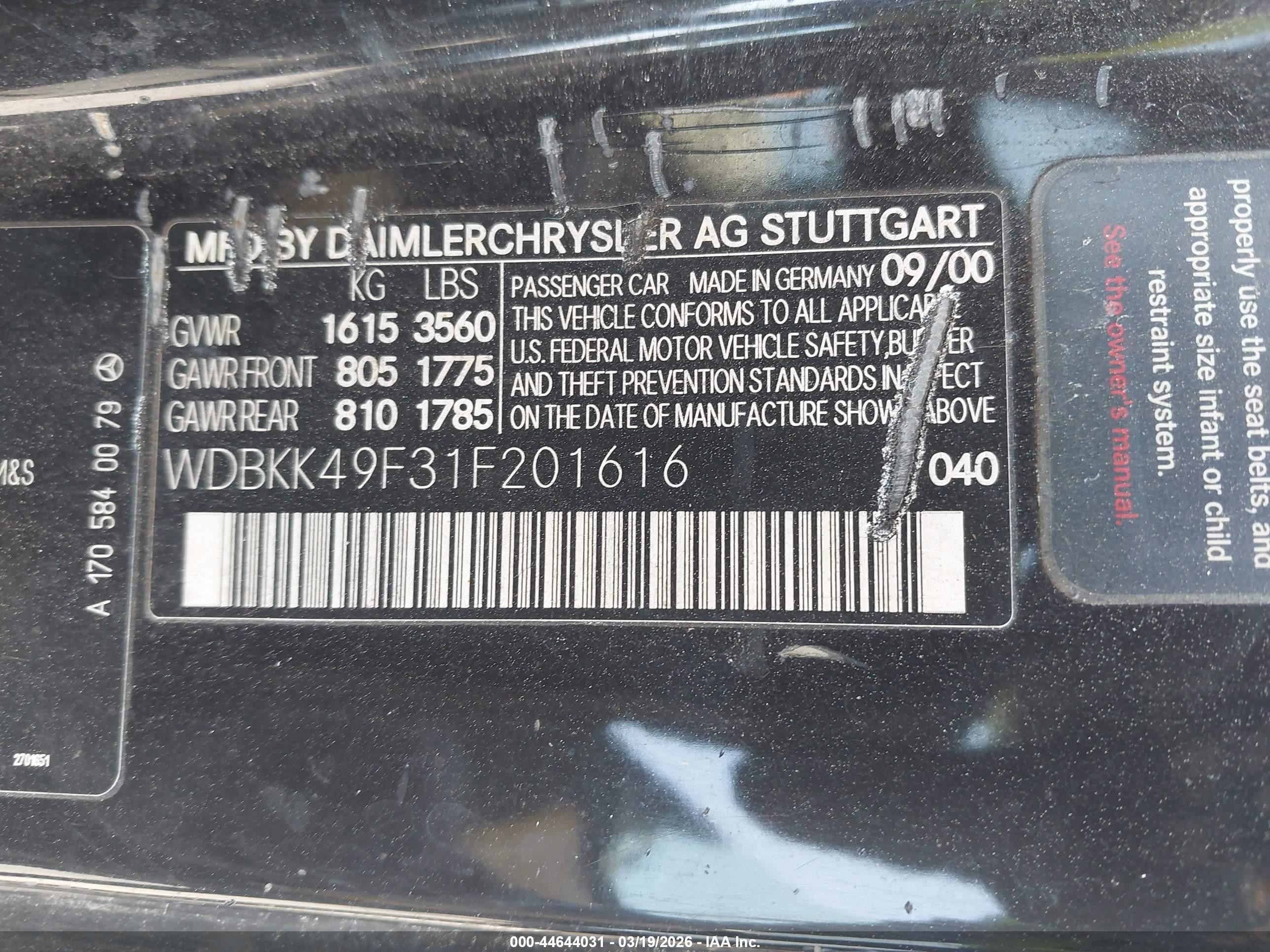 2001 Mercedes-benz Slk 230 Kompressor Black vin: WDBKK49F31F201616