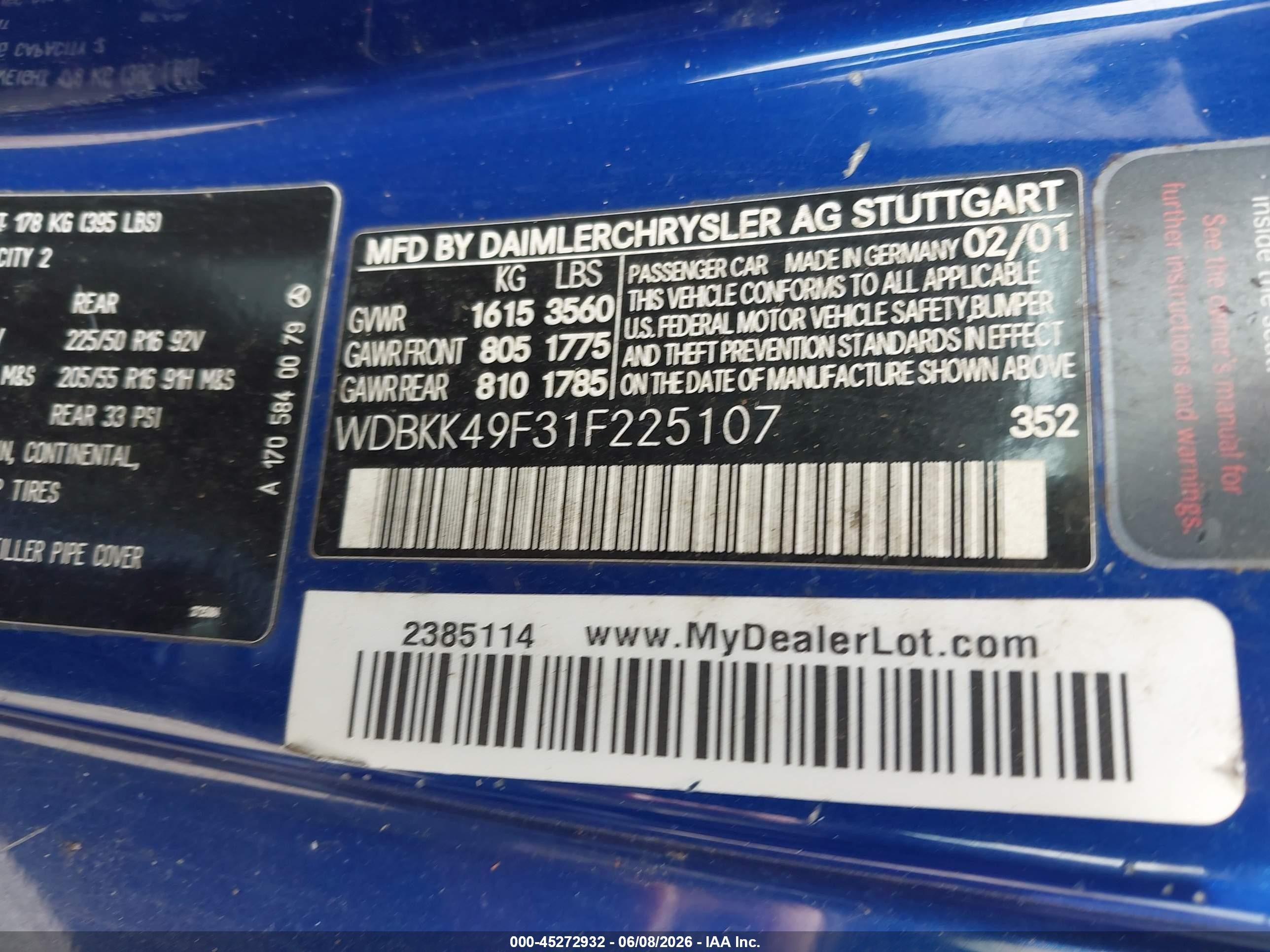 2001 Mercedes-benz Slk 230 Kompressor Blue vin: WDBKK49F31F225107