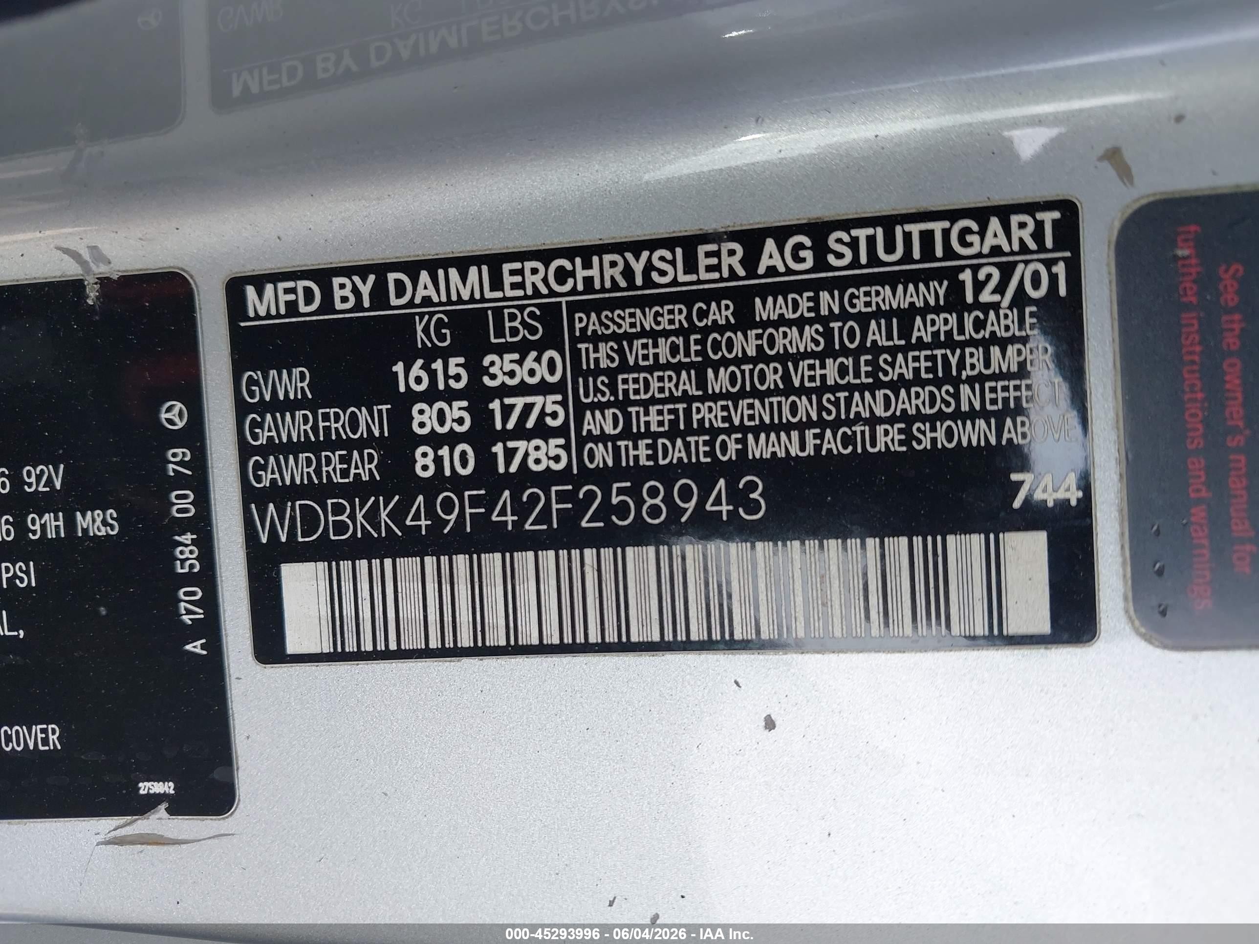 2002 Mercedes-benz Slk 230 Kompressor Silver vin: WDBKK49F42F258943