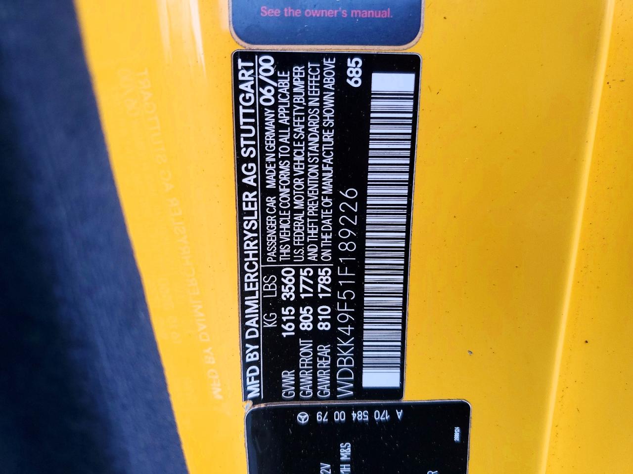 2001 Mercedes-benz Slk 230 Kompressor Yellow vin: WDBKK49F51F189226