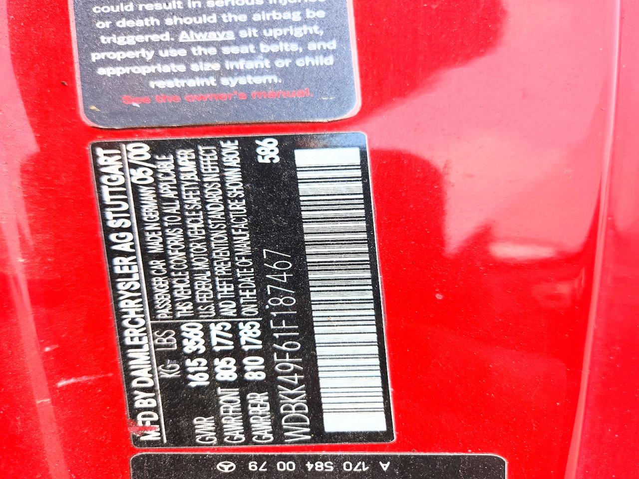 2001 Mercedes-benz Slk 230 Kompressor Red vin: WDBKK49F61F187467