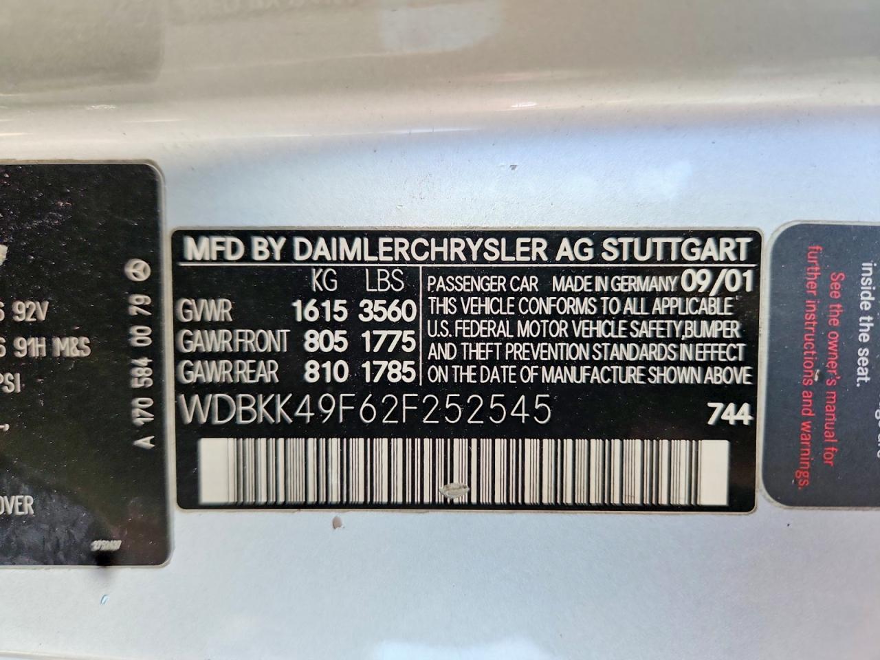 2002 Mercedes-benz Slk 230 Kompressor Silver vin: WDBKK49F62F252545
